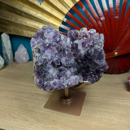Natural Amethyst Flower Druzy Cluster On Rotating Stand 7085G featuring rich purple colour and natural clarity - Positive Faith Hope Love