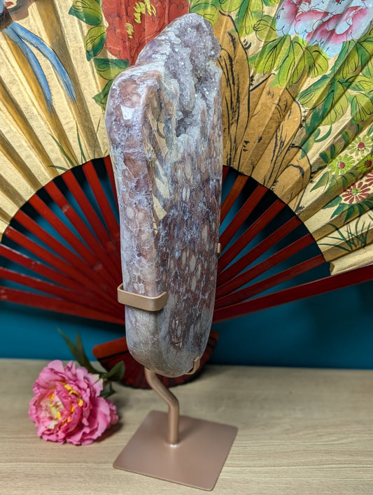 Polished Amethyst Slab Orbit Flower Reddish Pink With Calcite featuring rich purple colour and natural clarity - Positive Faith Hope Love