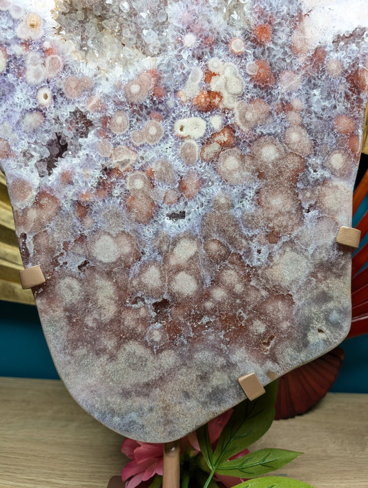 Polished Amethyst Slab Orbit Flower Reddish Pink With Calcite 9568G featuring rich purple colour and natural clarity - Positive Faith Hope Love