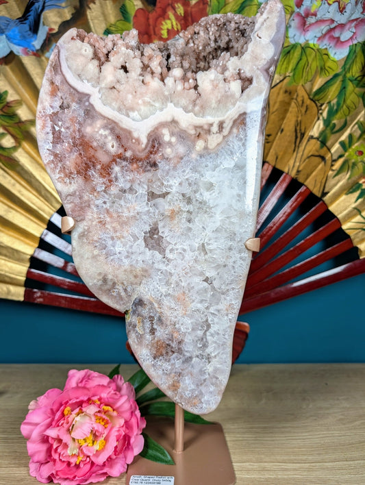 Polished Amethyst slab reddish with clear quartz on stand 5450g featuring clear transparency and light-catching facets - Positive Faith Hope Love