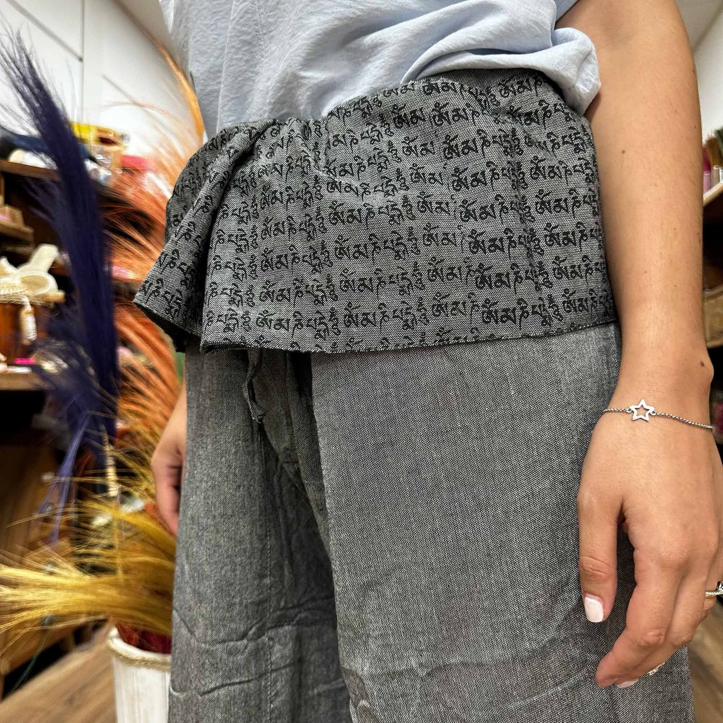 Polished Yoga And Festival Pants Thai Fisherman Mandala Mantra On Grey 1 featuring natural patterning and unique variations - Positive Faith Hope Love
