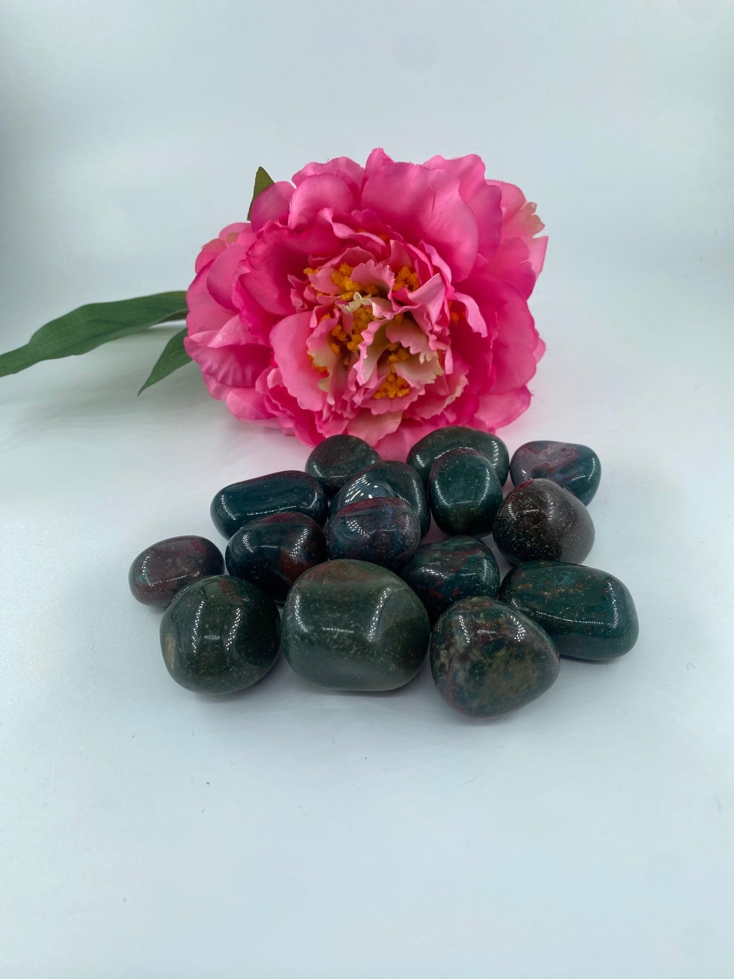 Polished Bloodstone - Tumble Stone featuring deep green base with red flecks - Positive Faith Hope Love