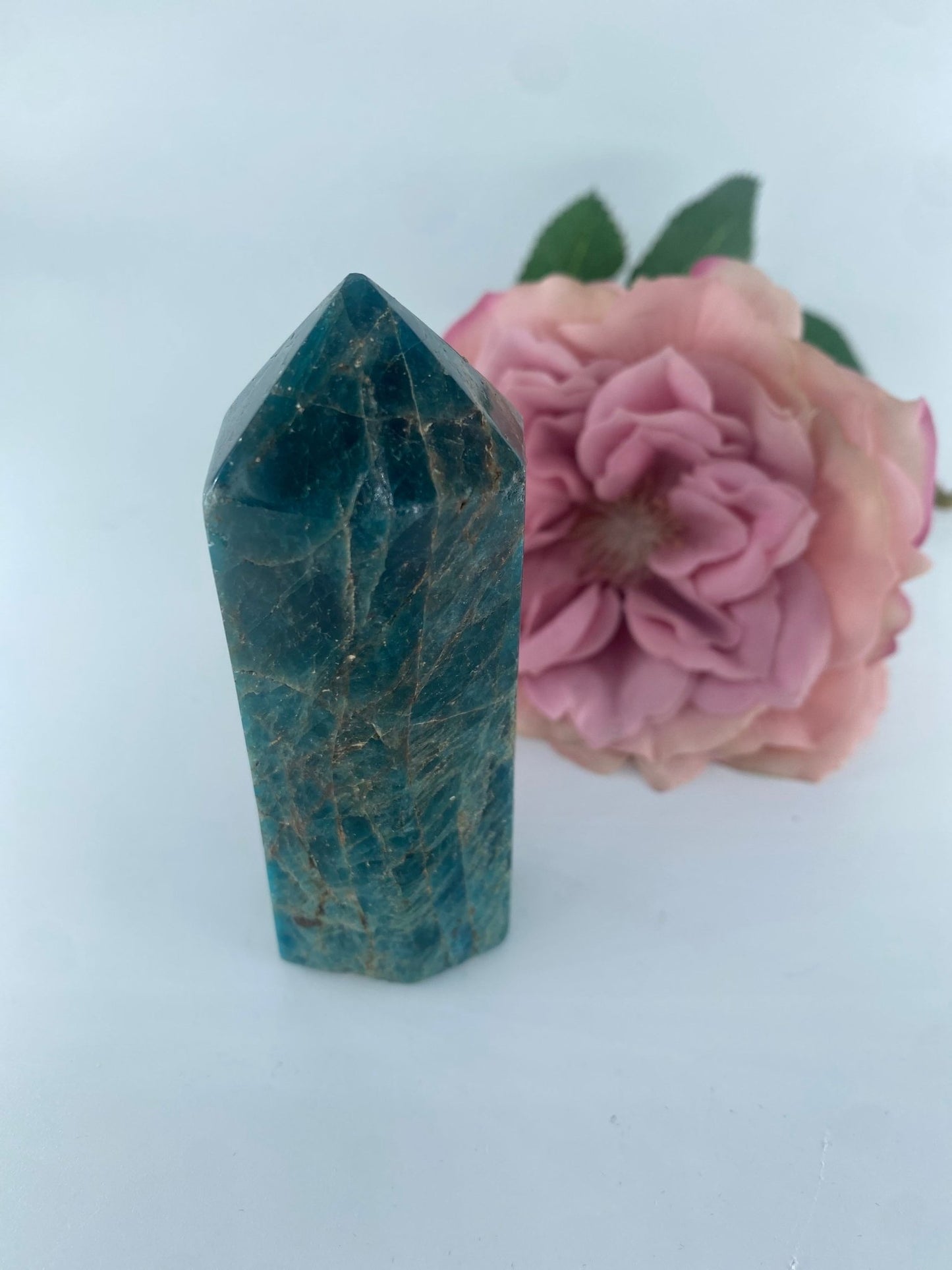 Polished Blue Apatite polished Tower 188grams featuring teal-blue tone and crystalline depth - Positive Faith Hope Love