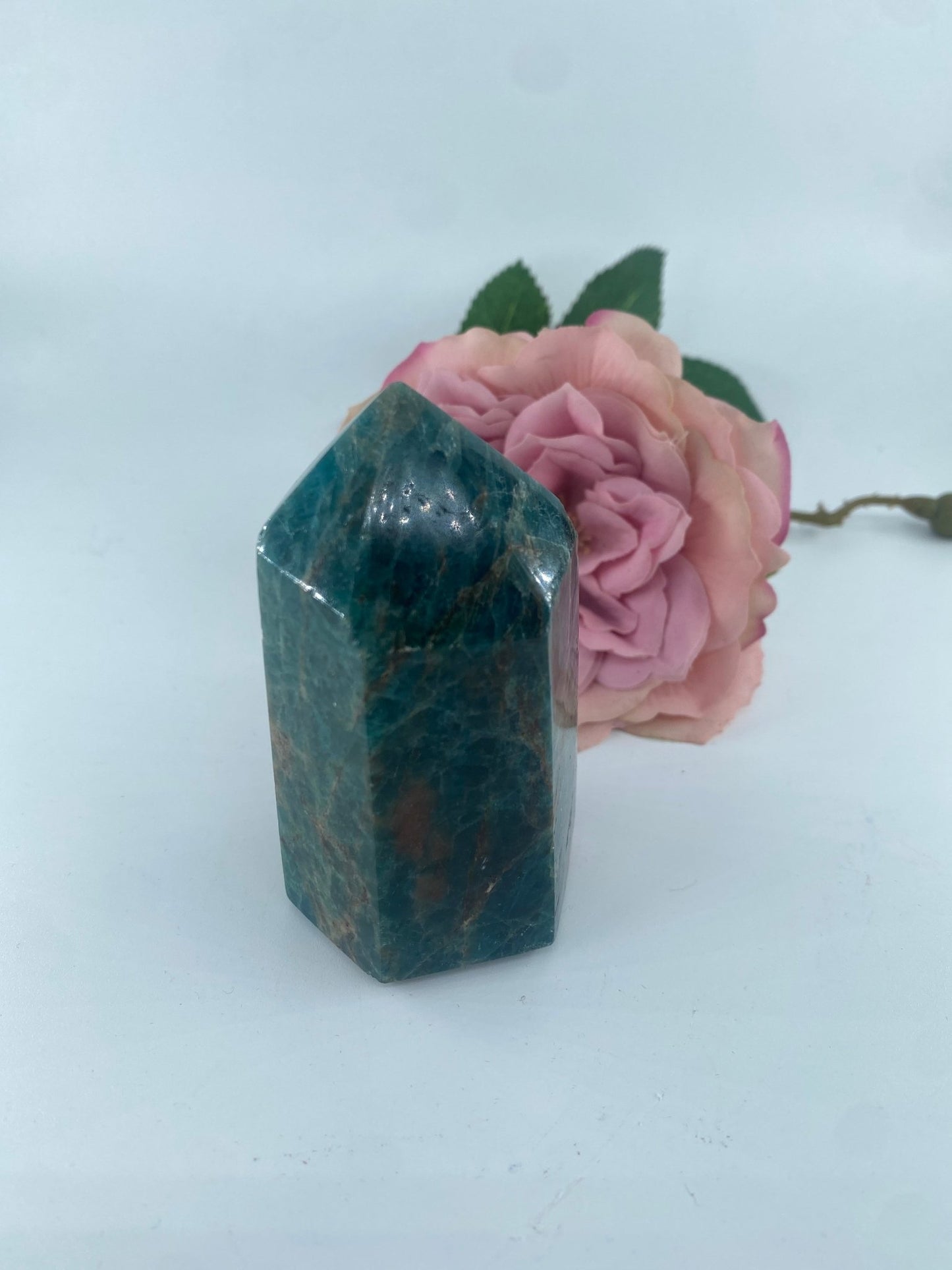 Polished Blue Apatite polished Tower 280grams featuring teal-blue tone and crystalline depth - Positive Faith Hope Love