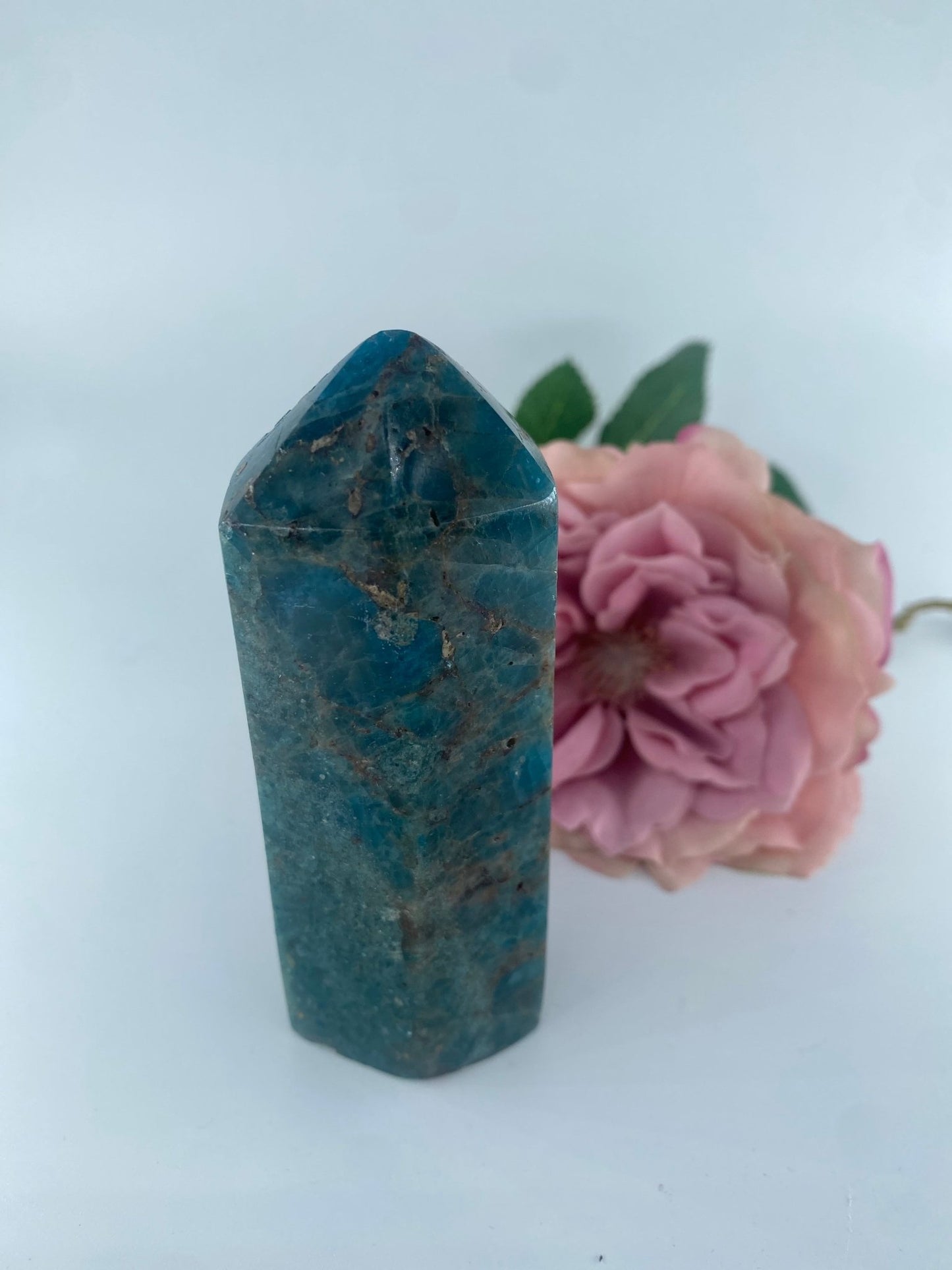 Polished Blue Apatite polished Tower 303grams featuring teal-blue tone and crystalline depth - Positive Faith Hope Love