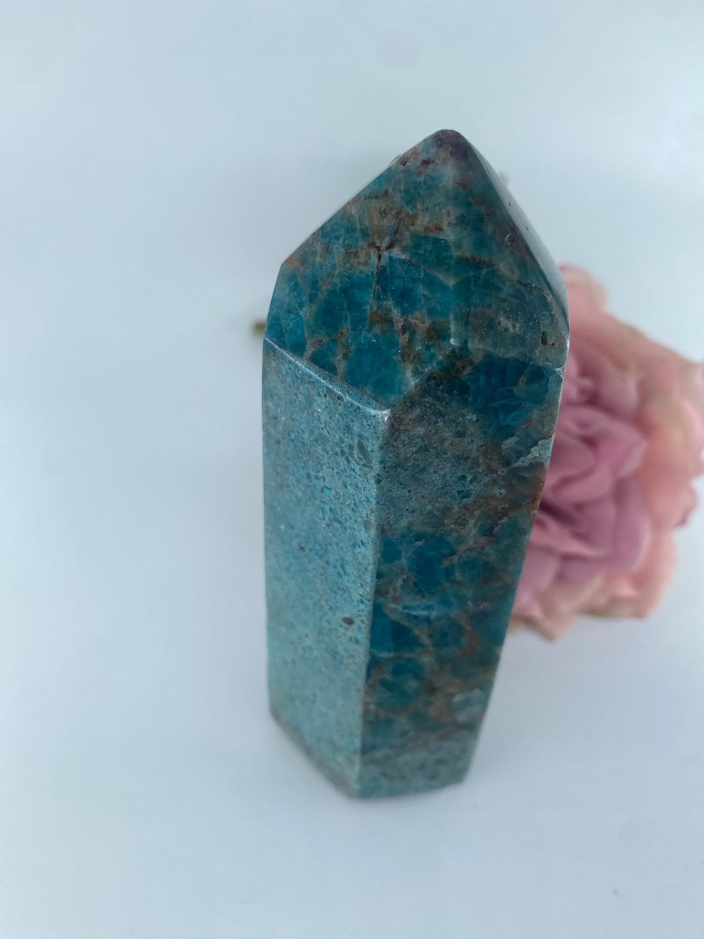 Polished Blue Apatite polished Tower 348grams featuring teal-blue tone and crystalline depth - Positive Faith Hope Love