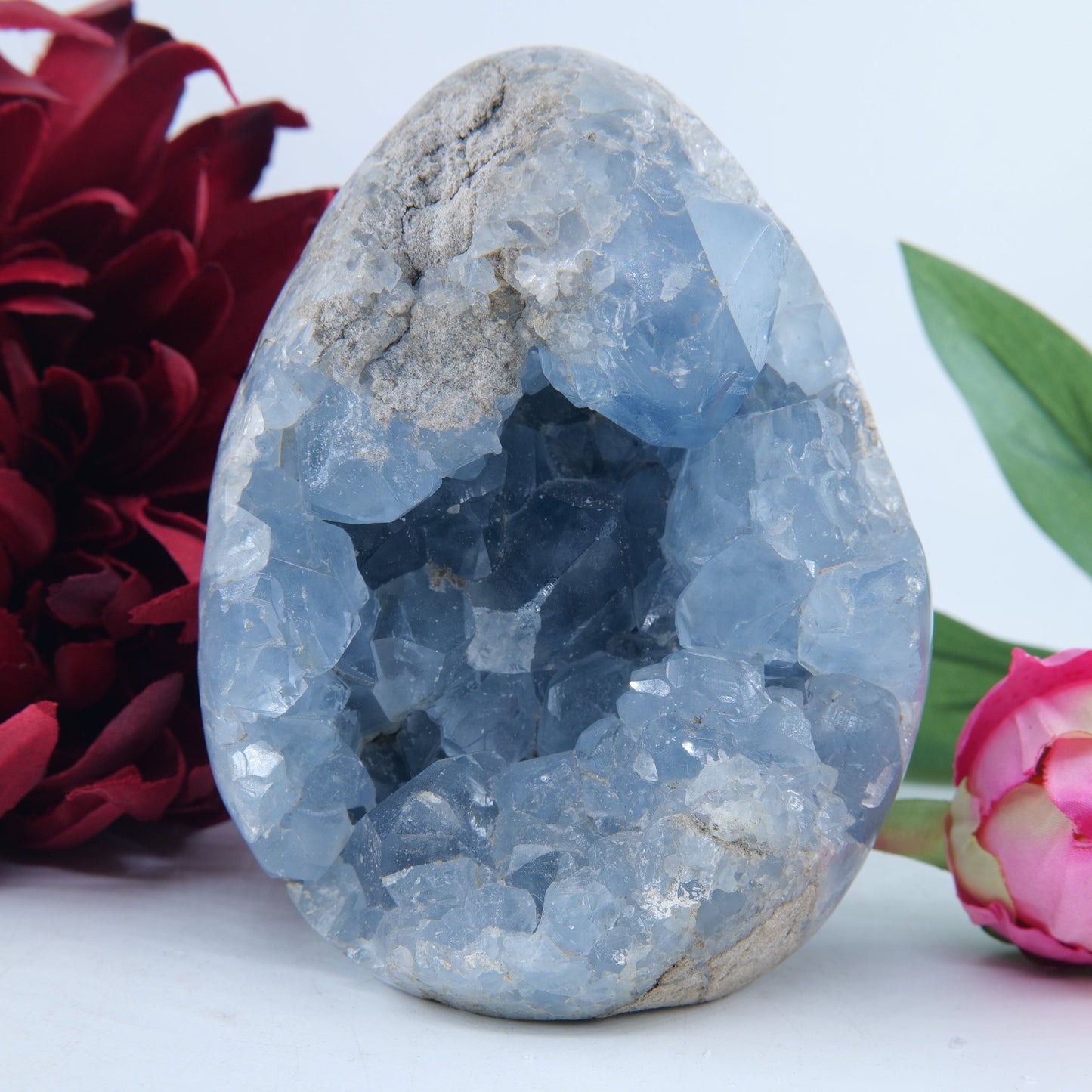 Polished Celestite Crystal Egg Free Standing 986g featuring pale sky-blue tone and soft translucence - Positive Faith Hope Love