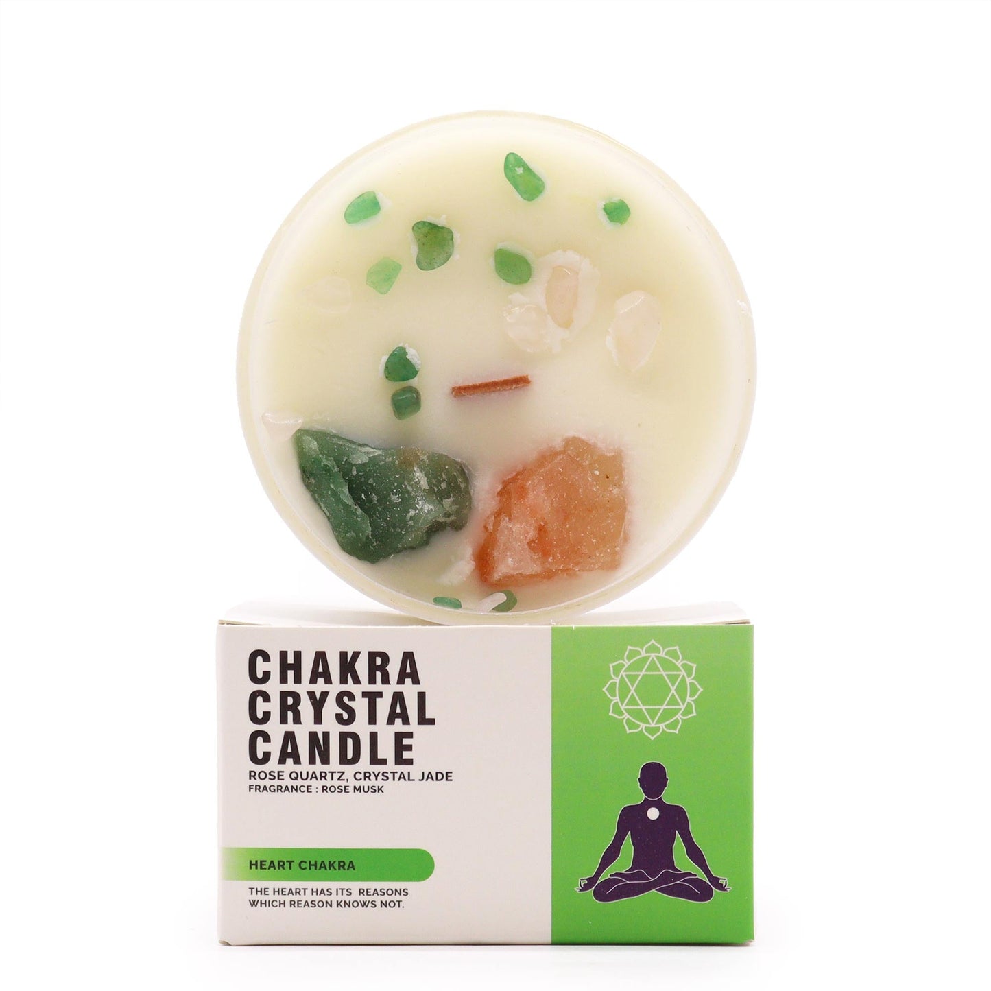 Polished Chakra Crystal Candle - Heart Chakra featuring natural patterning and unique variations - Positive Faith Hope Love