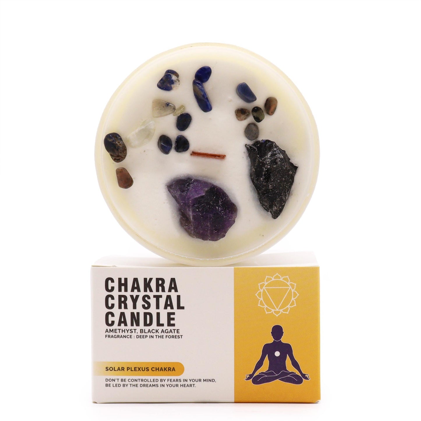 Polished Chakra Crystal Candle - Solar Plexus Chakra featuring natural patterning and unique variations - Positive Faith Hope Love