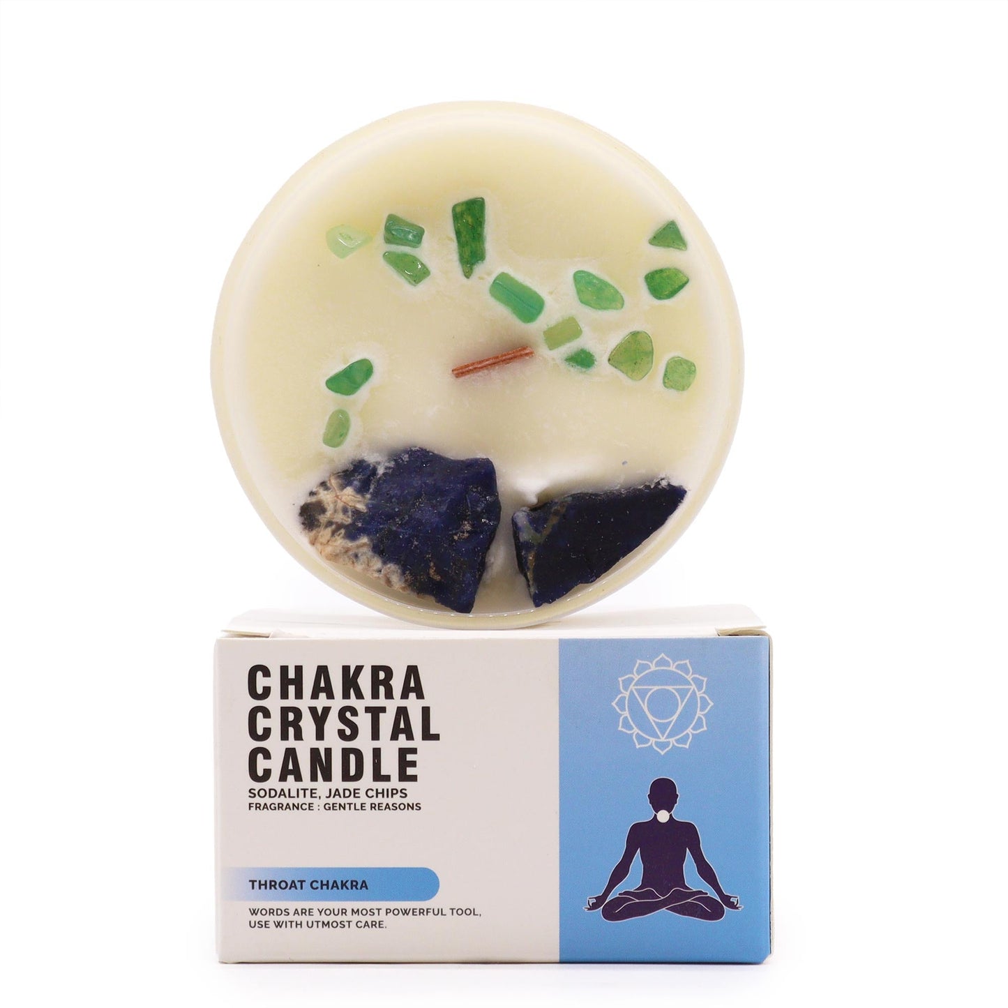 Polished Chakra Crystal Candle - Throat Chakra featuring natural patterning and unique variations - Positive Faith Hope Love