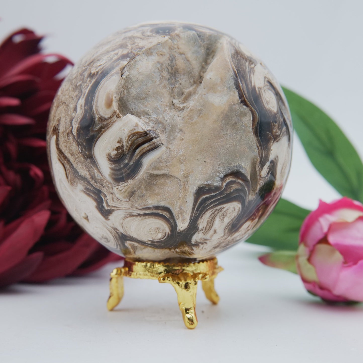 Natural Chocolate Calcite Druzy Sphere 588g 80mm featuring soft translucent tone and gentle sheen - Positive Faith Hope Love