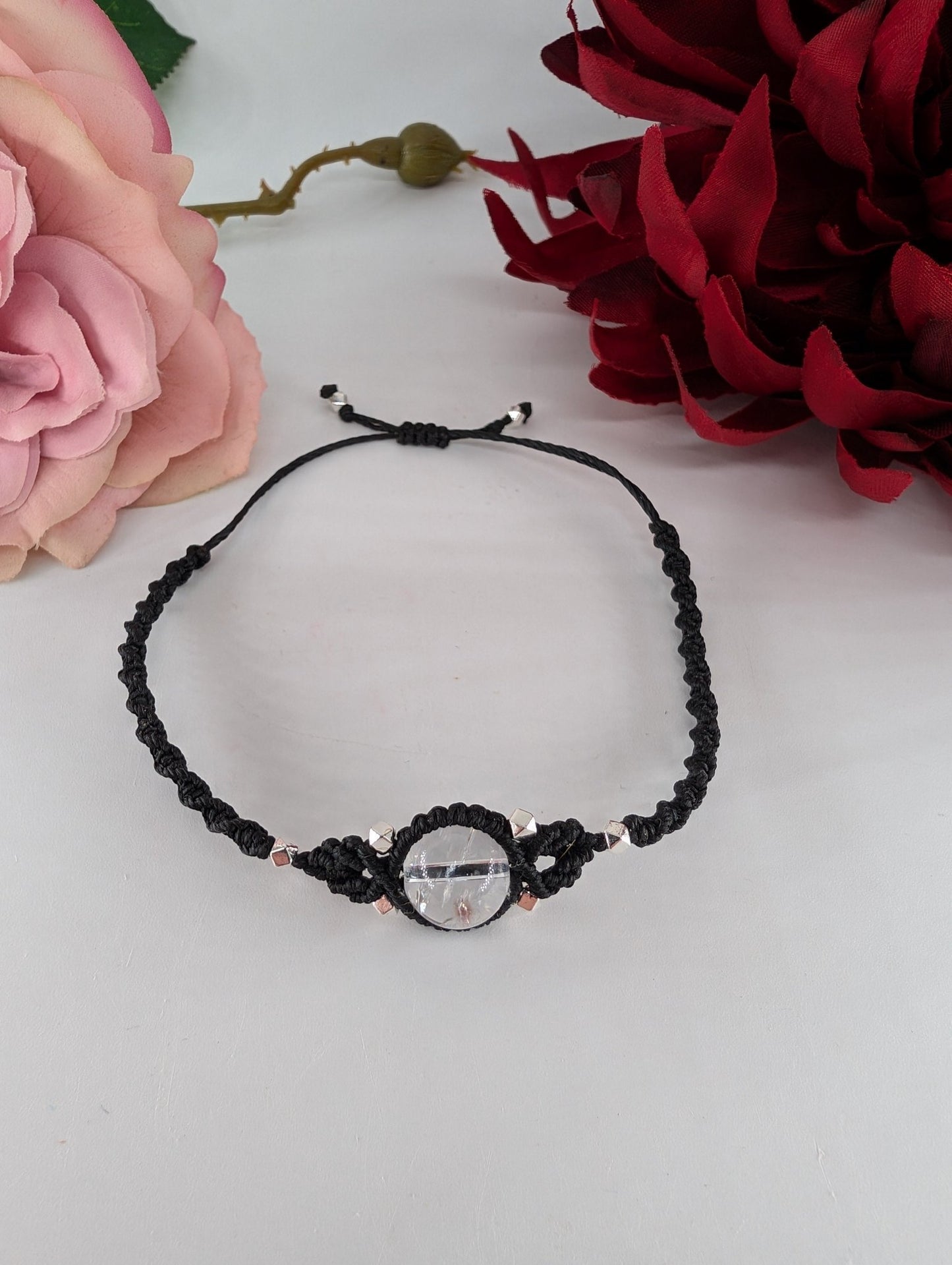Polished Clear Quartz Black Micro Macrame Bracelet featuring clear transparency and light-catching facets - Positive Faith Hope Love