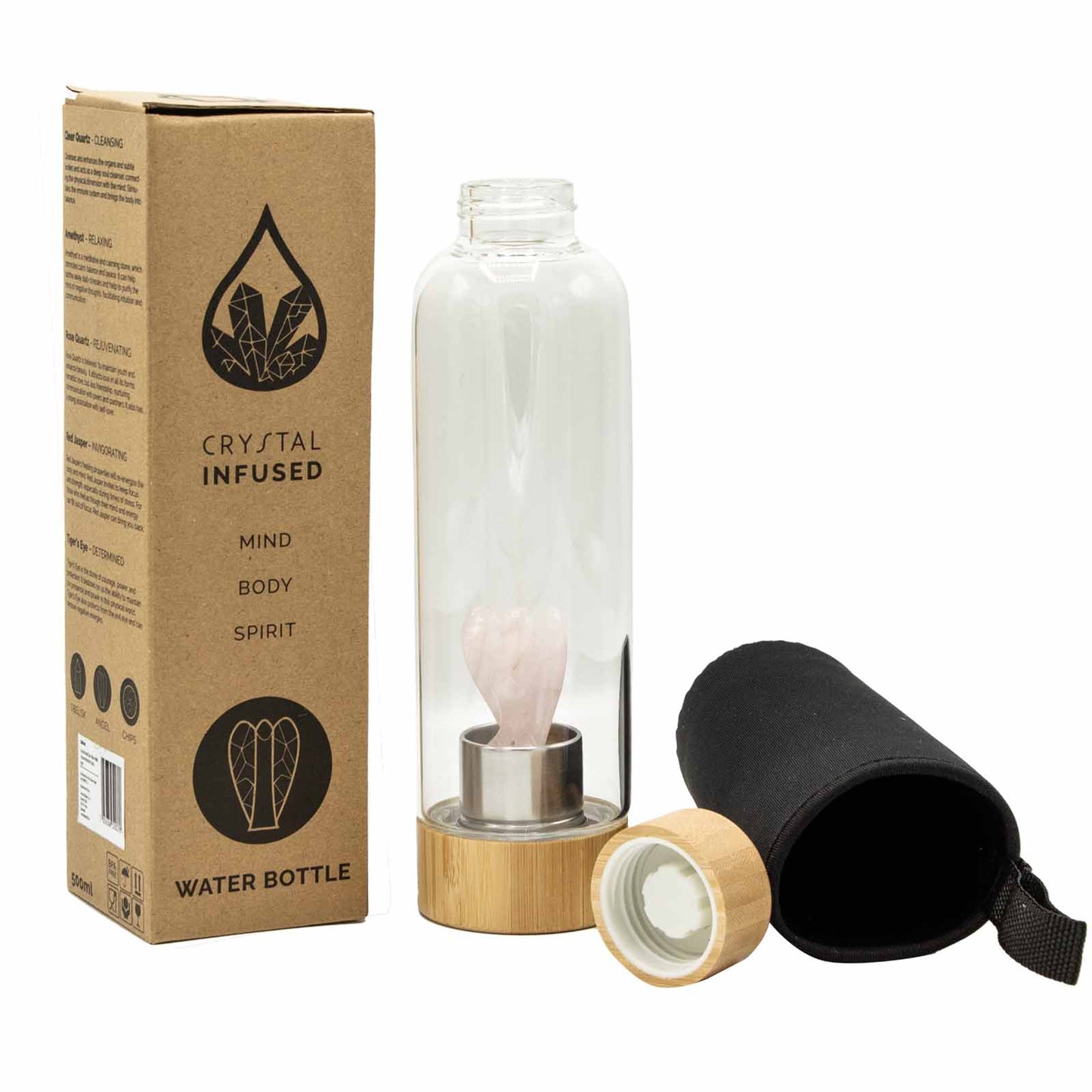 Polished Crystal Infused Glass Water Bottle - Rejuvenating Rose Quartz - Angel featuring soft pink tone and gentle translucence - Positive Faith Hope Love