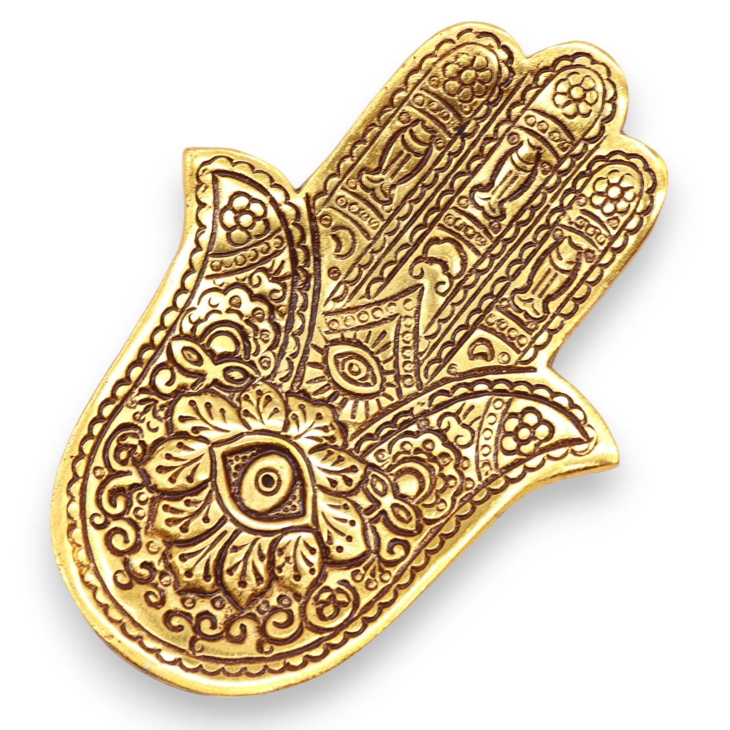 Polished Gold Aluminium Small Hamsa Incense Holder featuring natural patterning and unique variations - Positive Faith Hope Love