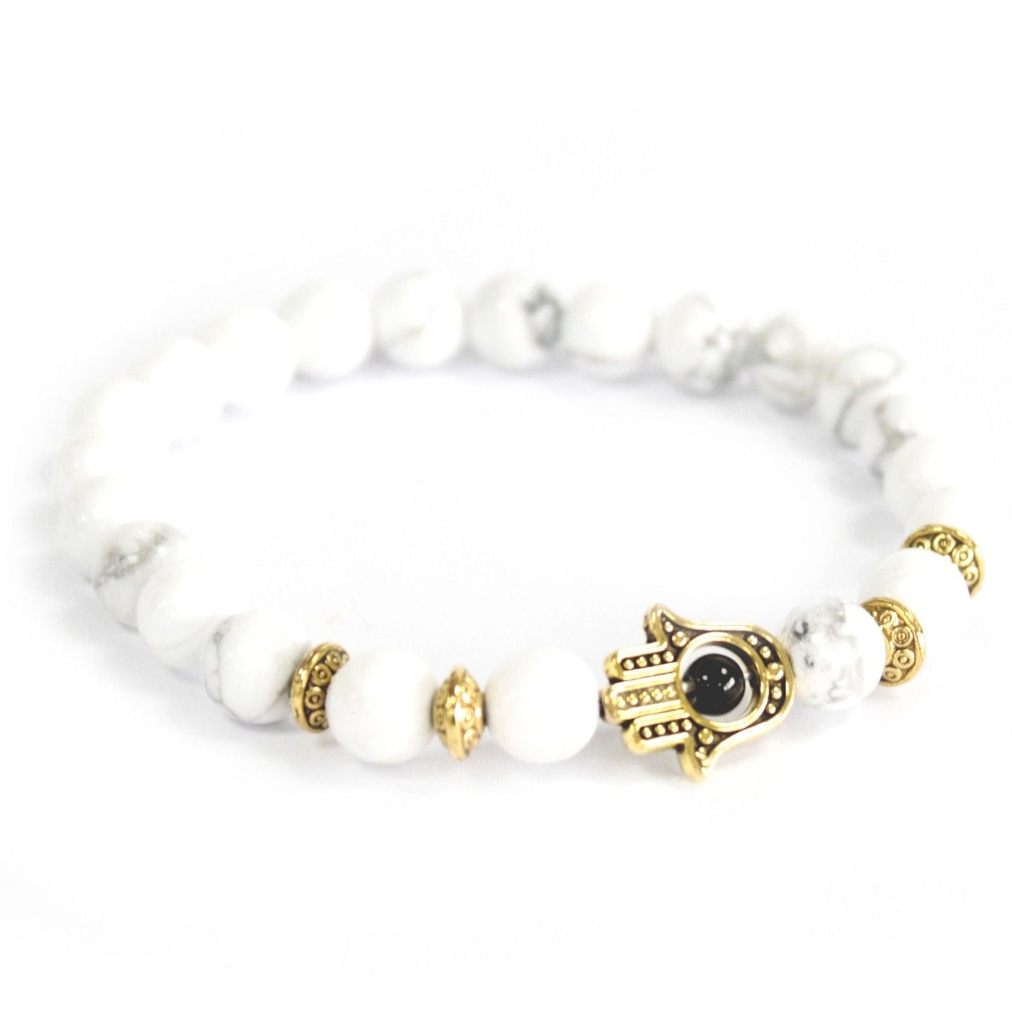 Polished Gold Hamsa / White Stone - Gemstone Bracelet featuring natural patterning and unique variations - Positive Faith Hope Love