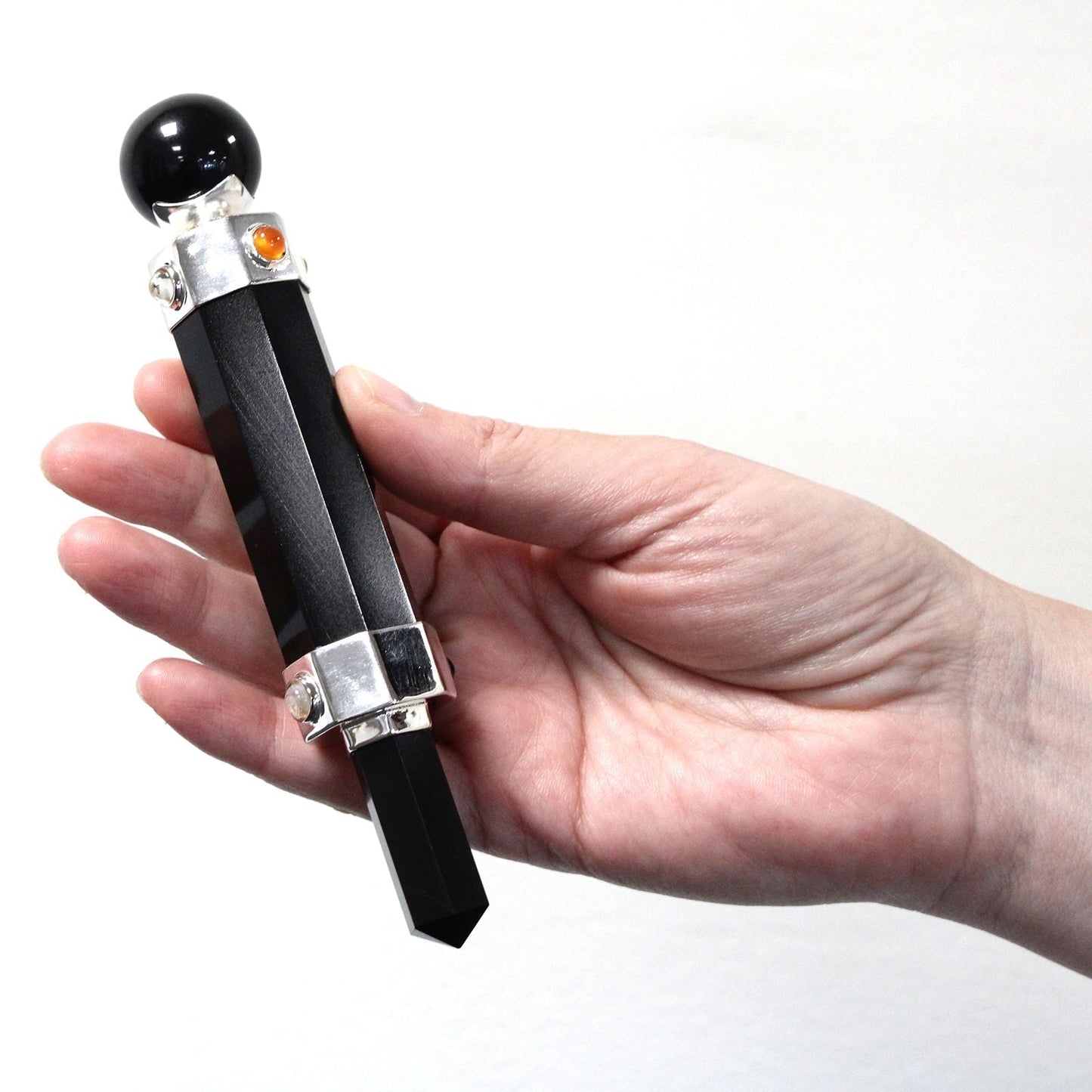 Polished Hexagonal Crystal Healing Wand - 12cm - Black Agate featuring banded patterns and glossy finish - Positive Faith Hope Love