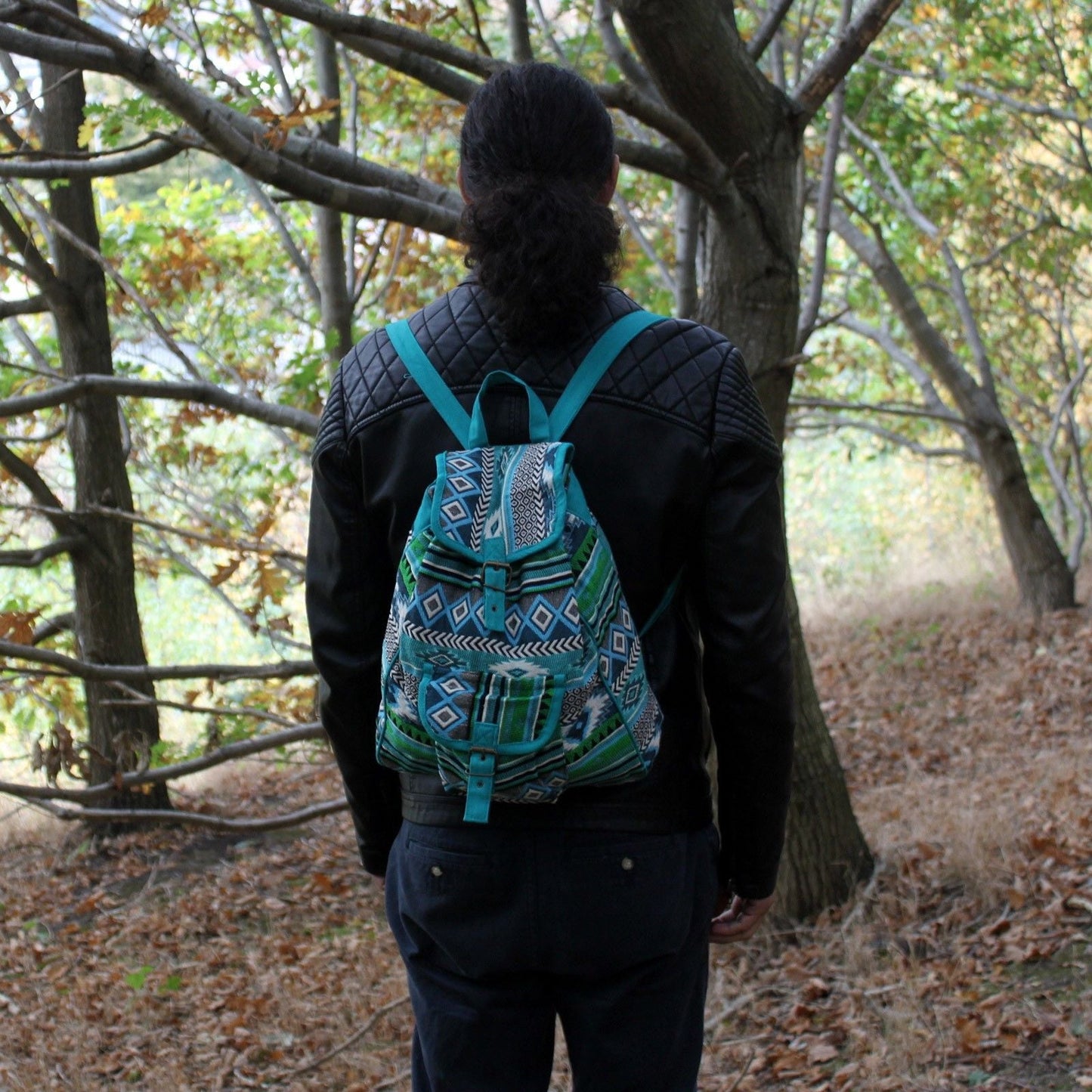 Polished Jacquard Bag Teal Backpack featuring natural patterning and unique variations - Positive Faith Hope Love