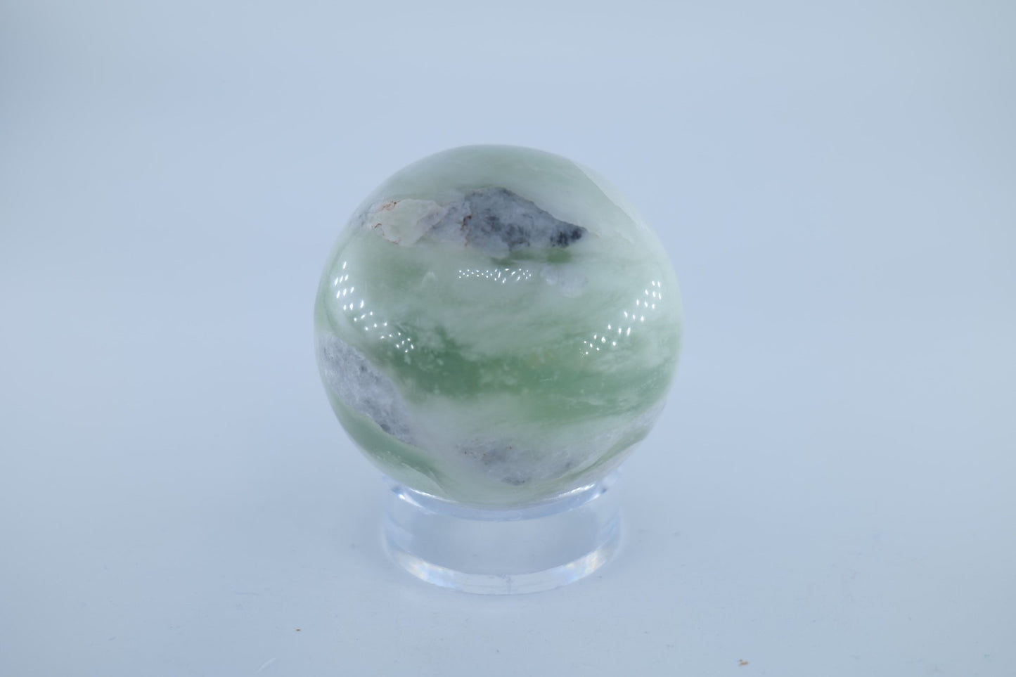 Polished Jade Serpentine Sphere 401 grams featuring mossy green tone with natural veining - Positive Faith Hope Love