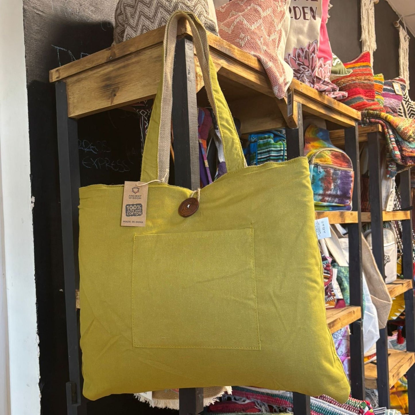 Polished Jute Cotton Reversible Big Bag Pistachio 1 featuring natural patterning and unique variations - Positive Faith Hope Love