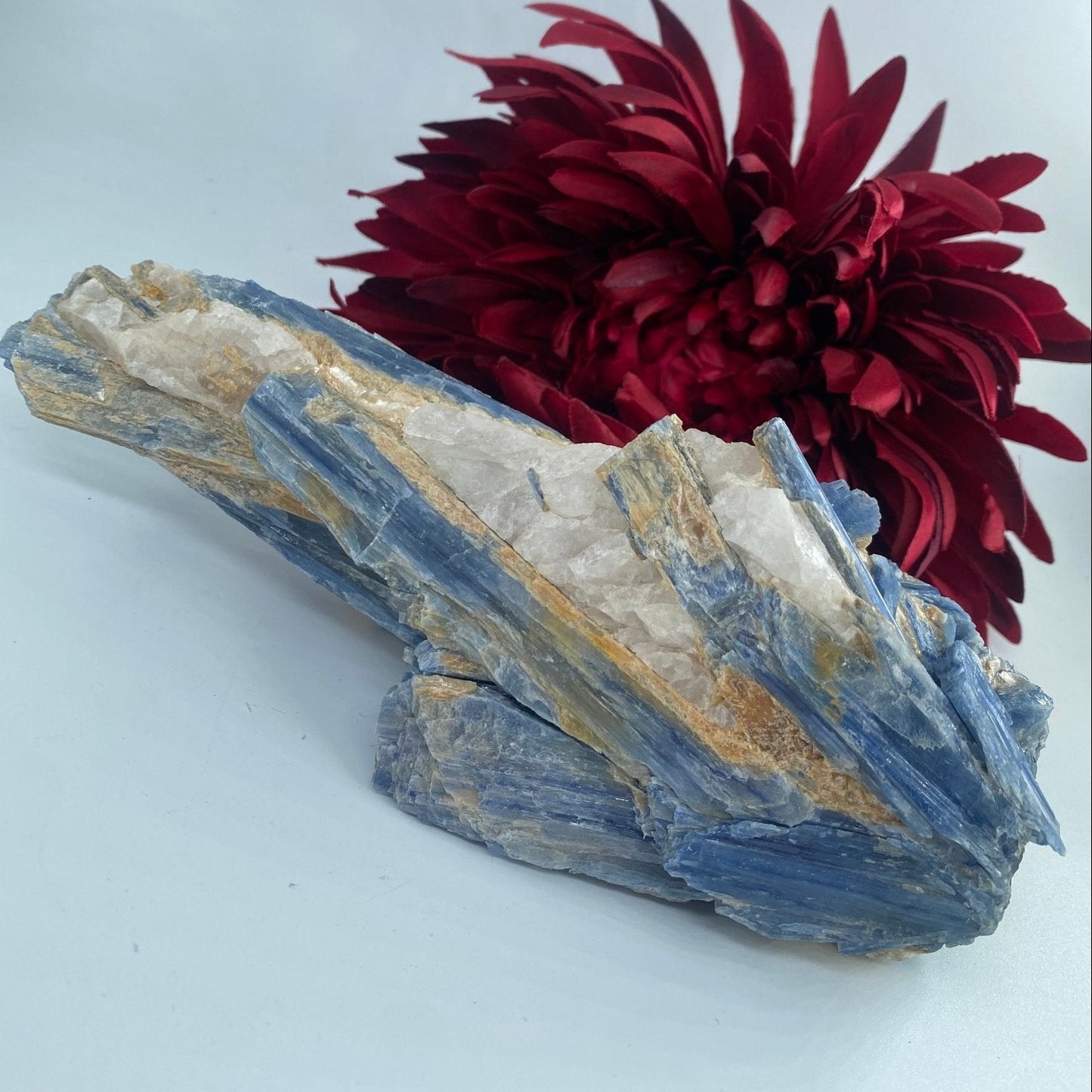 Natural Kyanite in Quartz Matrix featuring blade-like texture and blue sheen - Positive Faith Hope Love