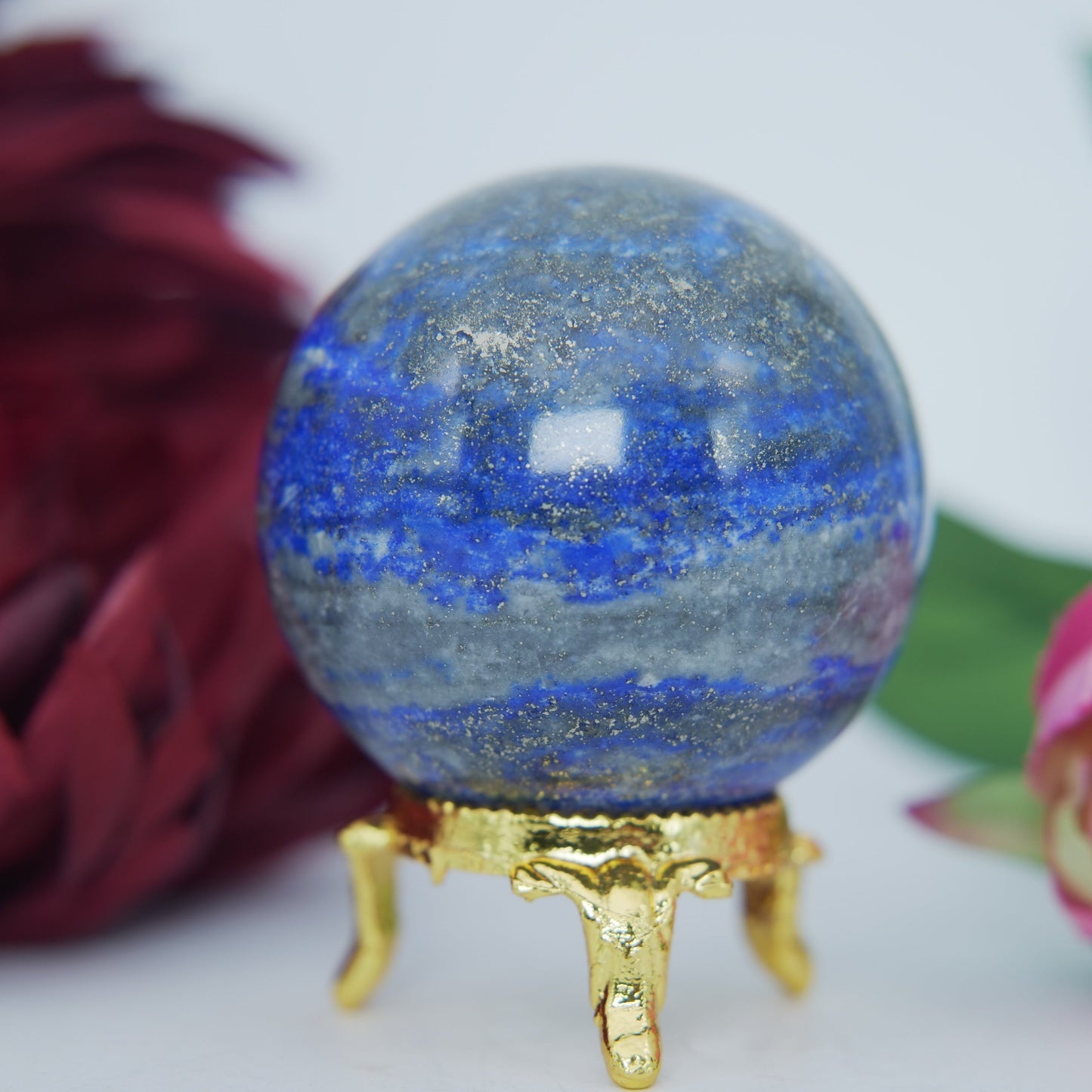 Polished Lapis Lazuli Sphere 240g 53mm featuring royal blue tone with gold pyrite flecks - Positive Faith Hope Love