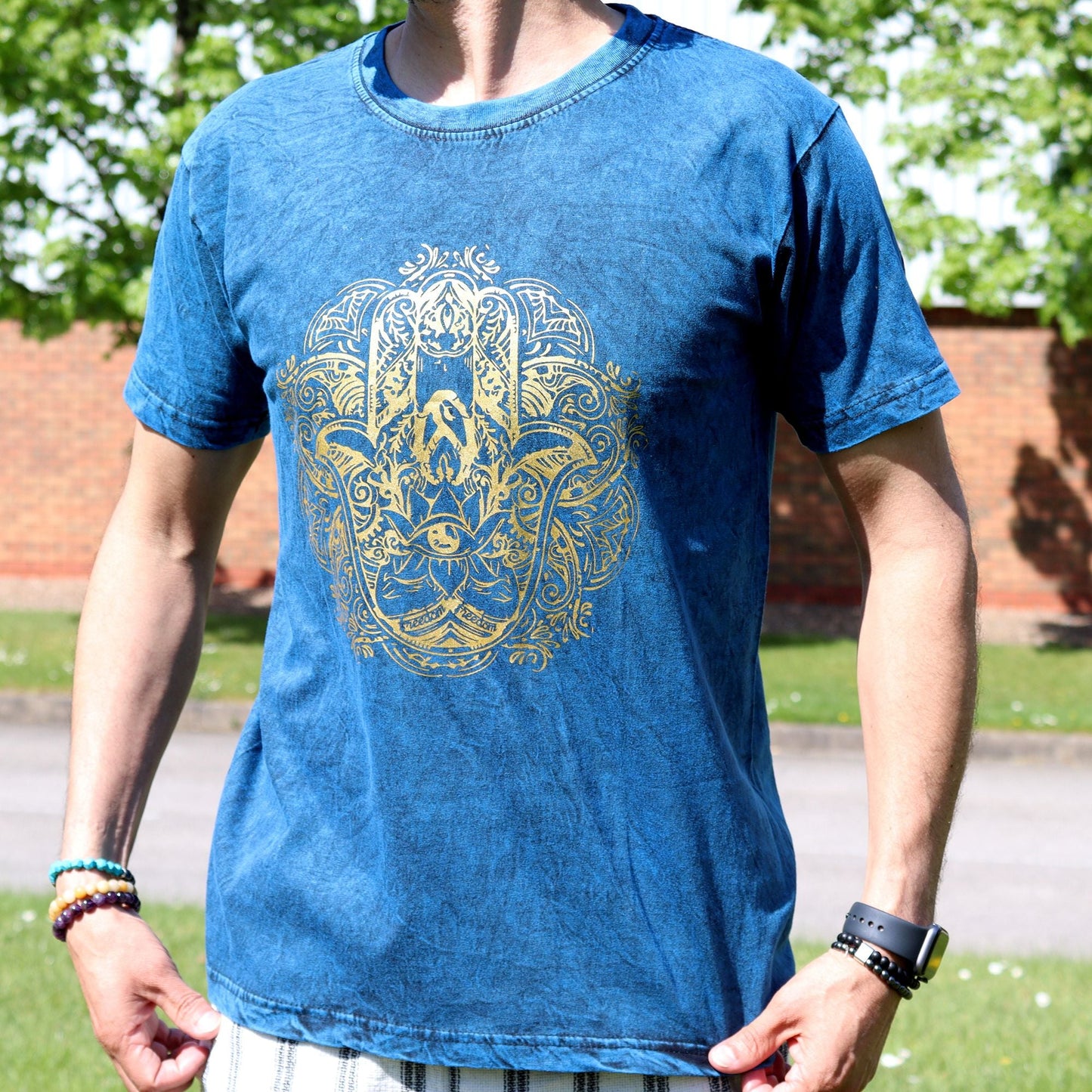 Polished Medium Stone Washed T-Shirt - Hamsa - Blue featuring natural patterning and unique variations - Positive Faith Hope Love
