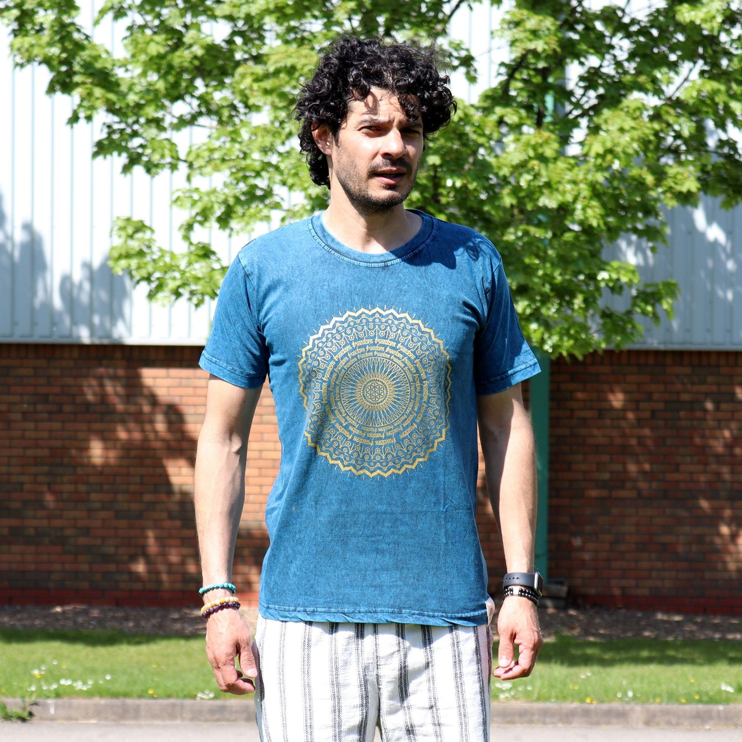 Polished Medium Stone Washed T-Shirt - Mandala - Blue featuring natural patterning and unique variations - Positive Faith Hope Love