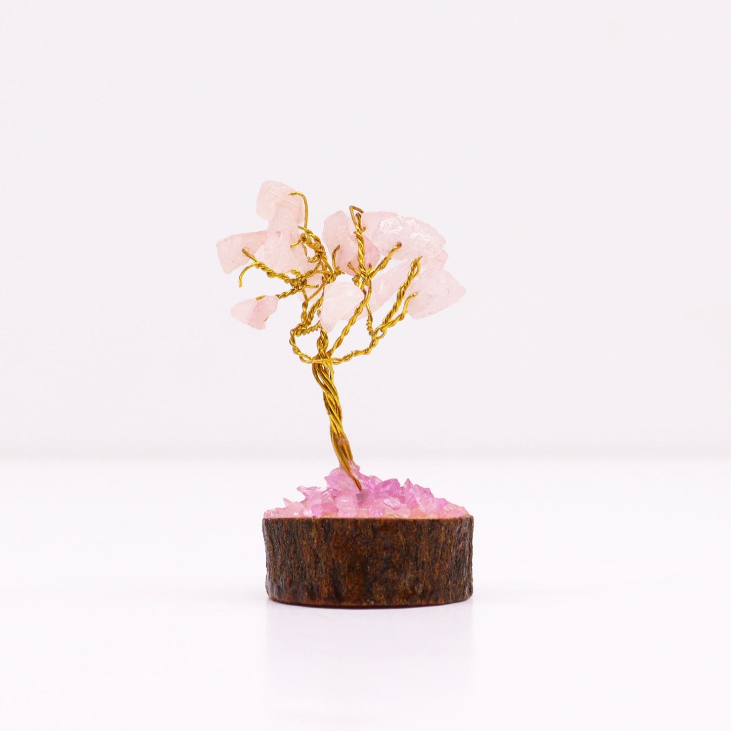 Polished Mini Gemstone Tree On Wood Base - Rose Quartz (15 stones) featuring soft pink tone and gentle translucence - Positive Faith Hope Love
