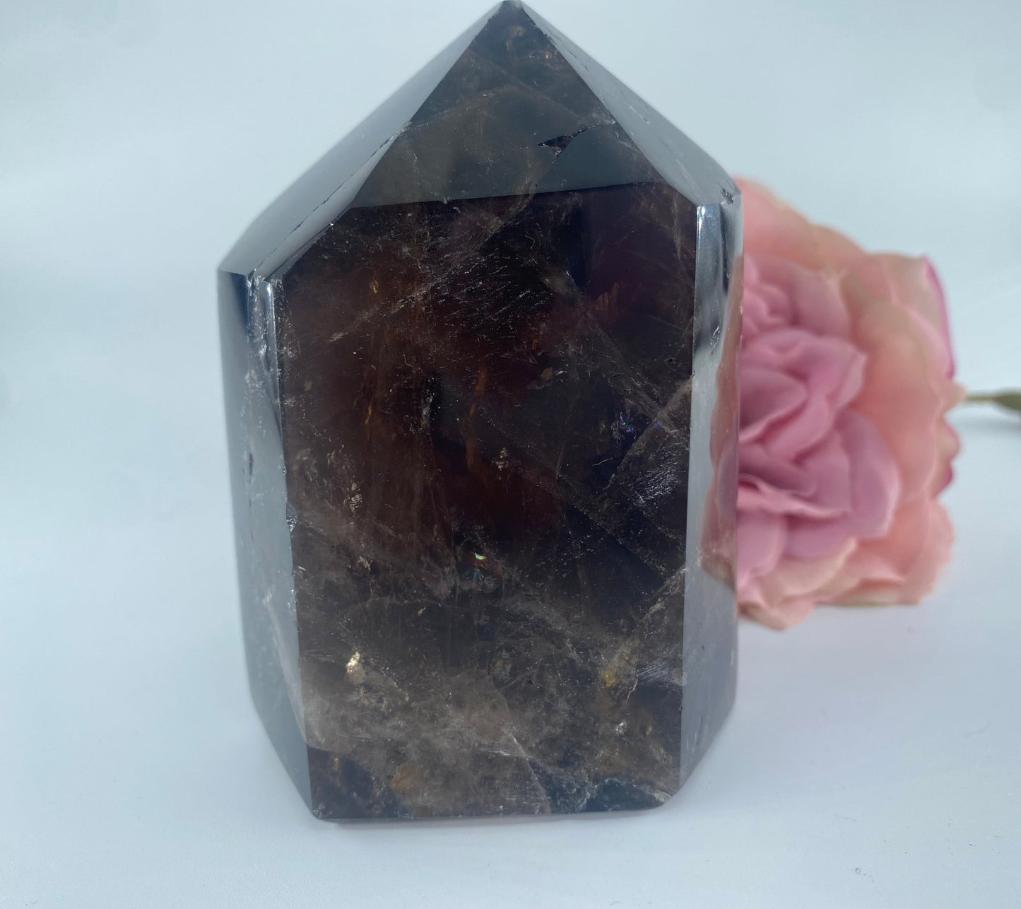Polished Morion Smoky Quartz Tower Polished 491grams featuring smoky brown hues and natural clarity - Positive Faith Hope Love