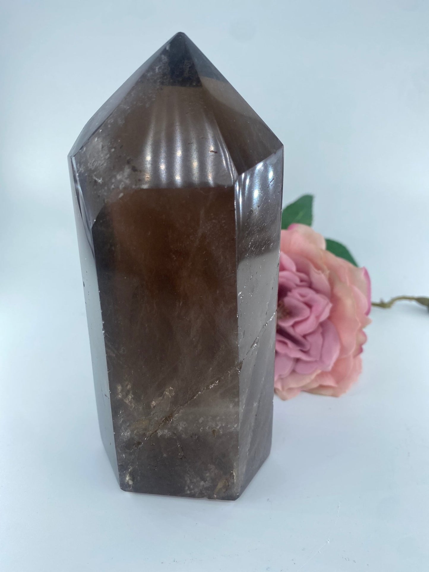 Polished Morion Smoky Quartz Tower Polished 746grams featuring smoky brown hues and natural clarity - Positive Faith Hope Love