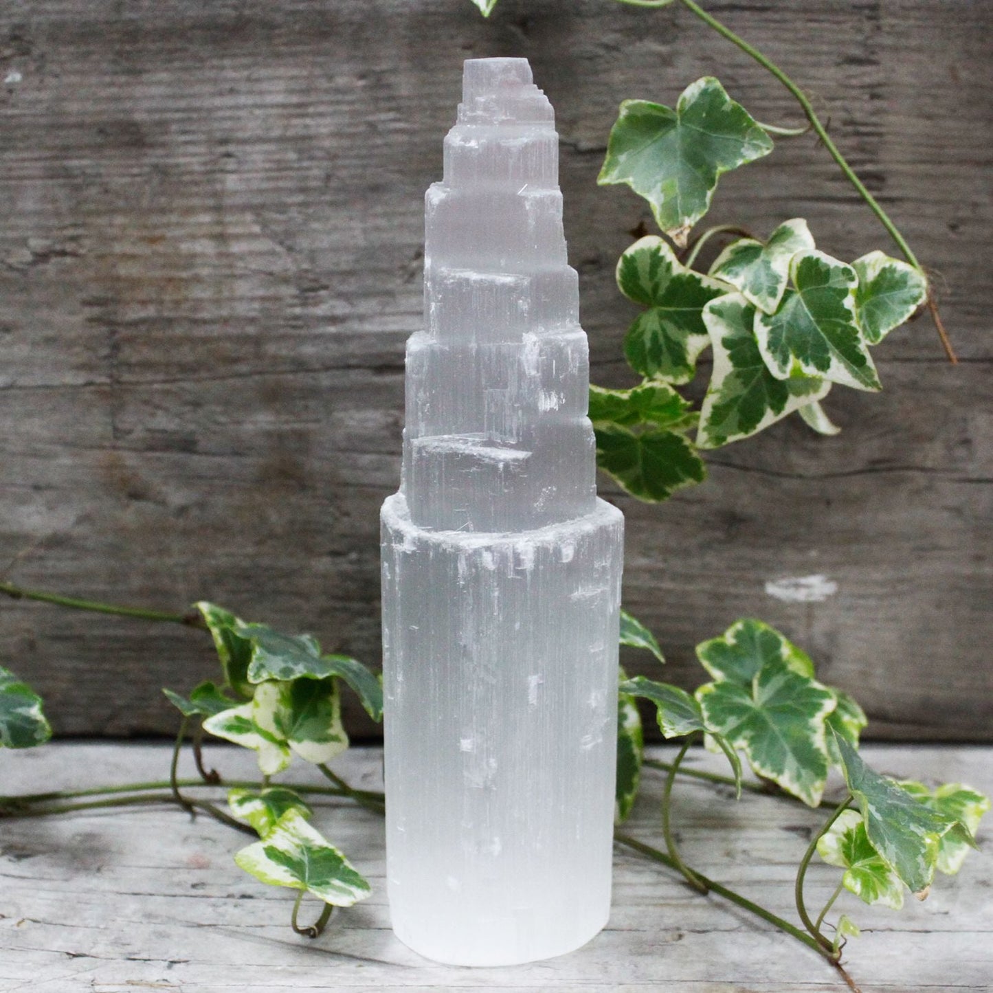 Polished Natural Selenite Tower - 20 cm featuring satin white sheen and fibrous texture - Positive Faith Hope Love