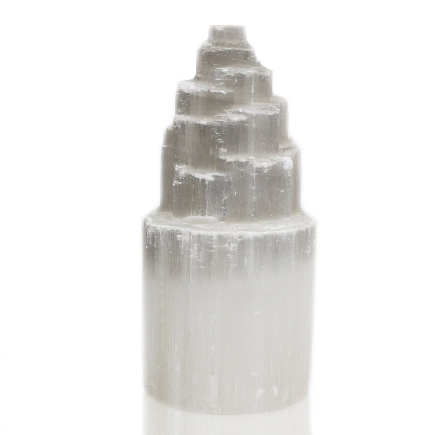 Polished Natural Selenite Tower Lamp - 20 cm featuring satin white sheen and fibrous texture - Positive Faith Hope Love