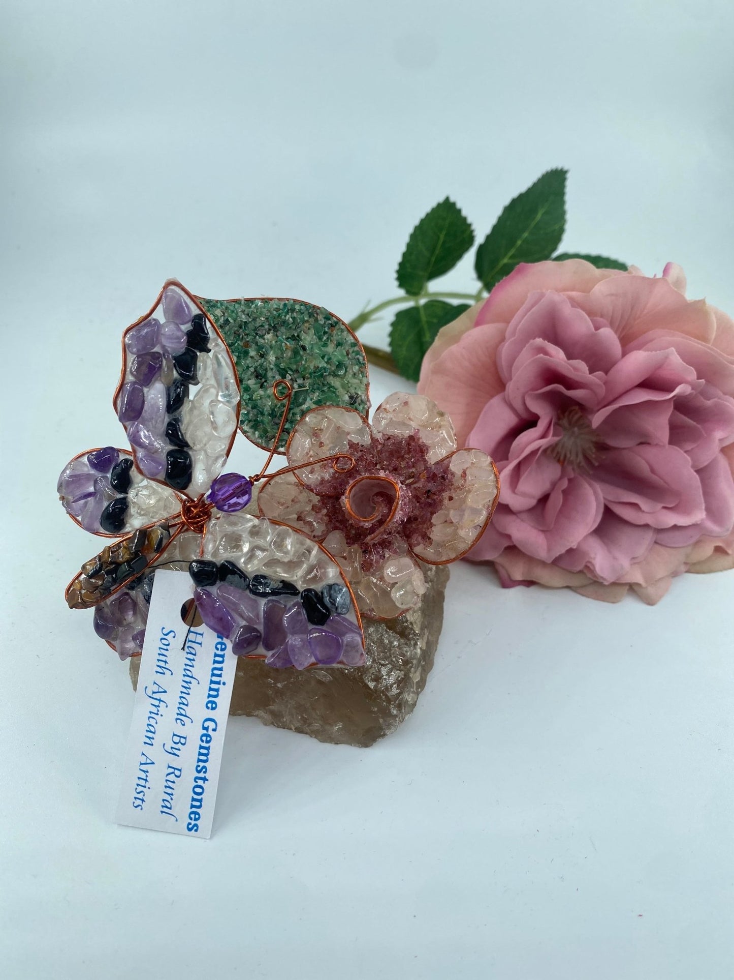 Polished Polished Gemstone Art Butterfly on Rose * featuring natural patterning and unique variations - Positive Faith Hope Love