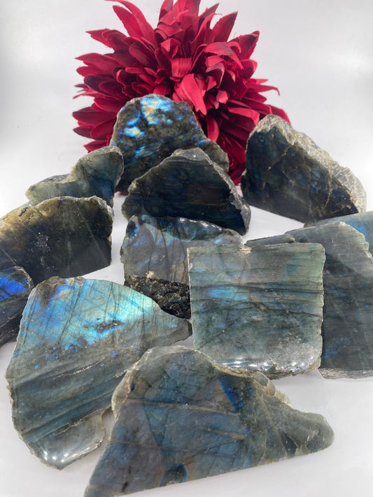 Polished Polished Labradorite Slice featuring blue flash and iridescent shimmer - Positive Faith Hope Love