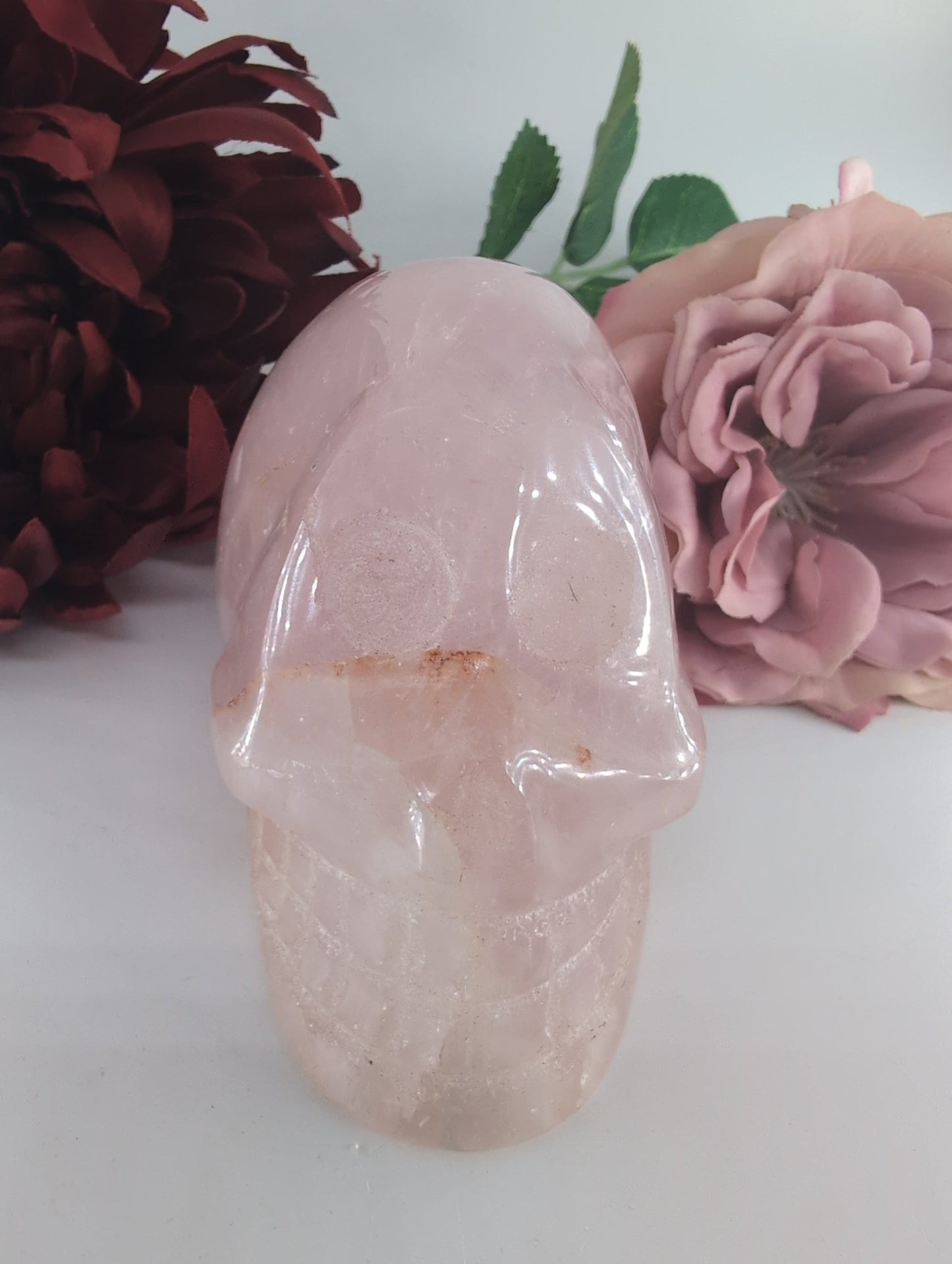 Polished Polished Rose Quartz Skull 540g featuring soft pink tone and gentle translucence - Positive Faith Hope Love