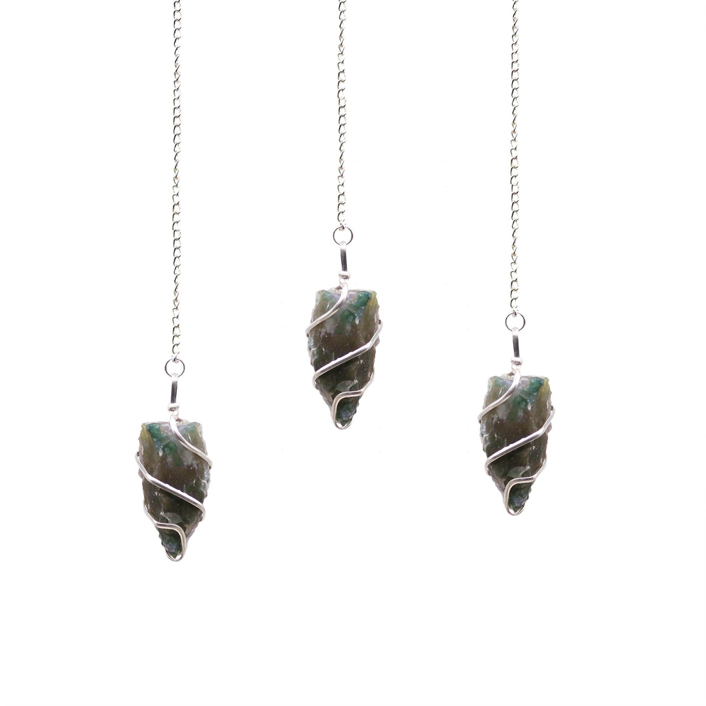 Natural Raw Gemstone Pendulum - Moss Agate featuring green mossy inclusions in translucent base - Positive Faith Hope Love