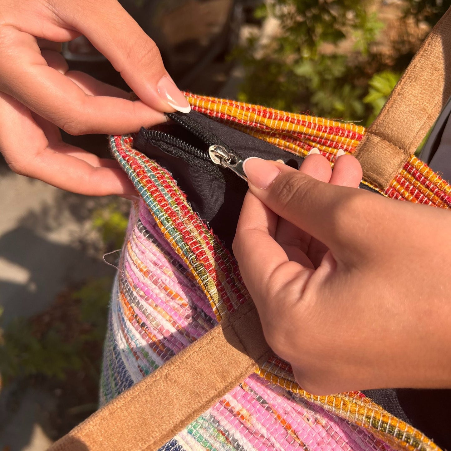 Polished Recycled Big Rug Bag Shades Of Dusk featuring natural patterning and unique variations - Positive Faith Hope Love