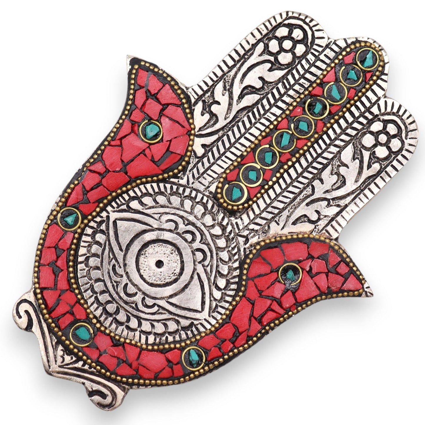 Polished Red & Green Small Hamsa Incense Holder featuring natural patterning and unique variations - Positive Faith Hope Love