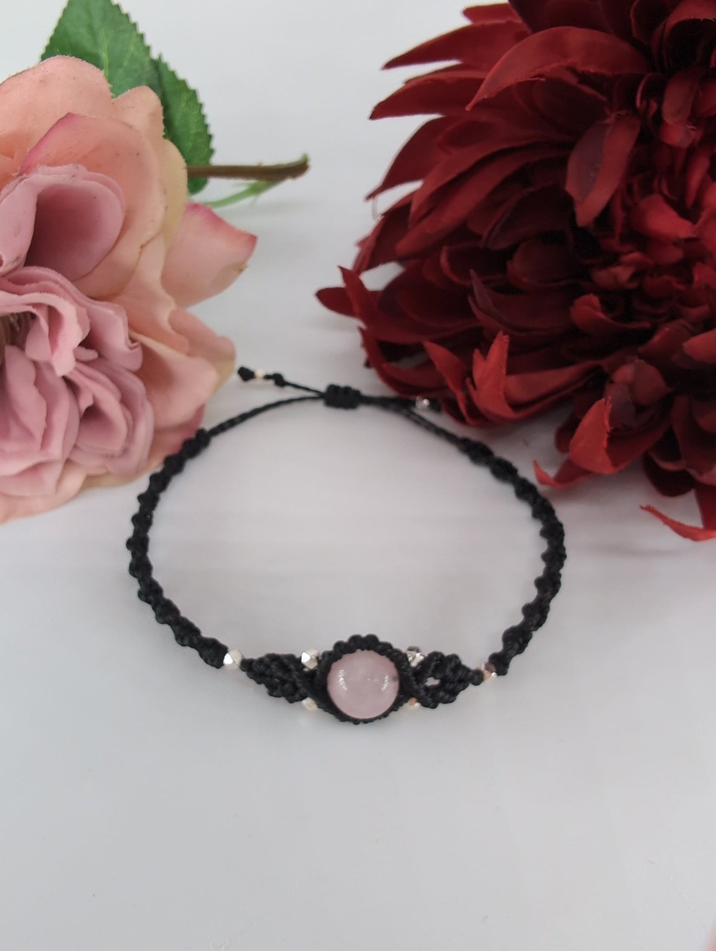 Polished Rose Quartz Black Micro Macrame Bracelet featuring soft pink tone and gentle translucence - Positive Faith Hope Love
