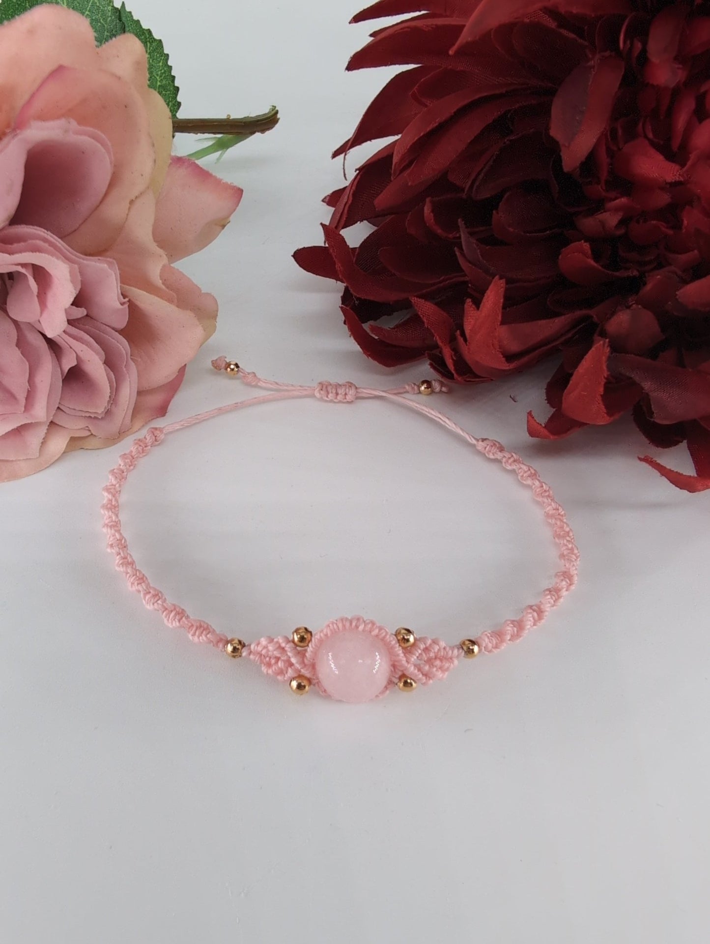 Polished Rose Quartz Pink Micro Macrame Bracelet featuring soft pink tone and gentle translucence - Positive Faith Hope Love