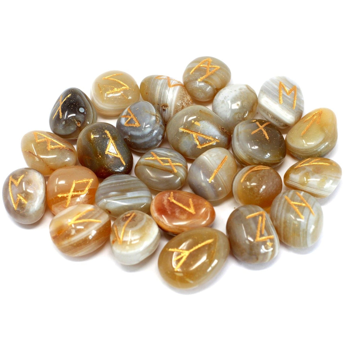 Polished Runes Stone Set in Pouch - Banded Agate featuring banded patterns and glossy finish - Positive Faith Hope Love