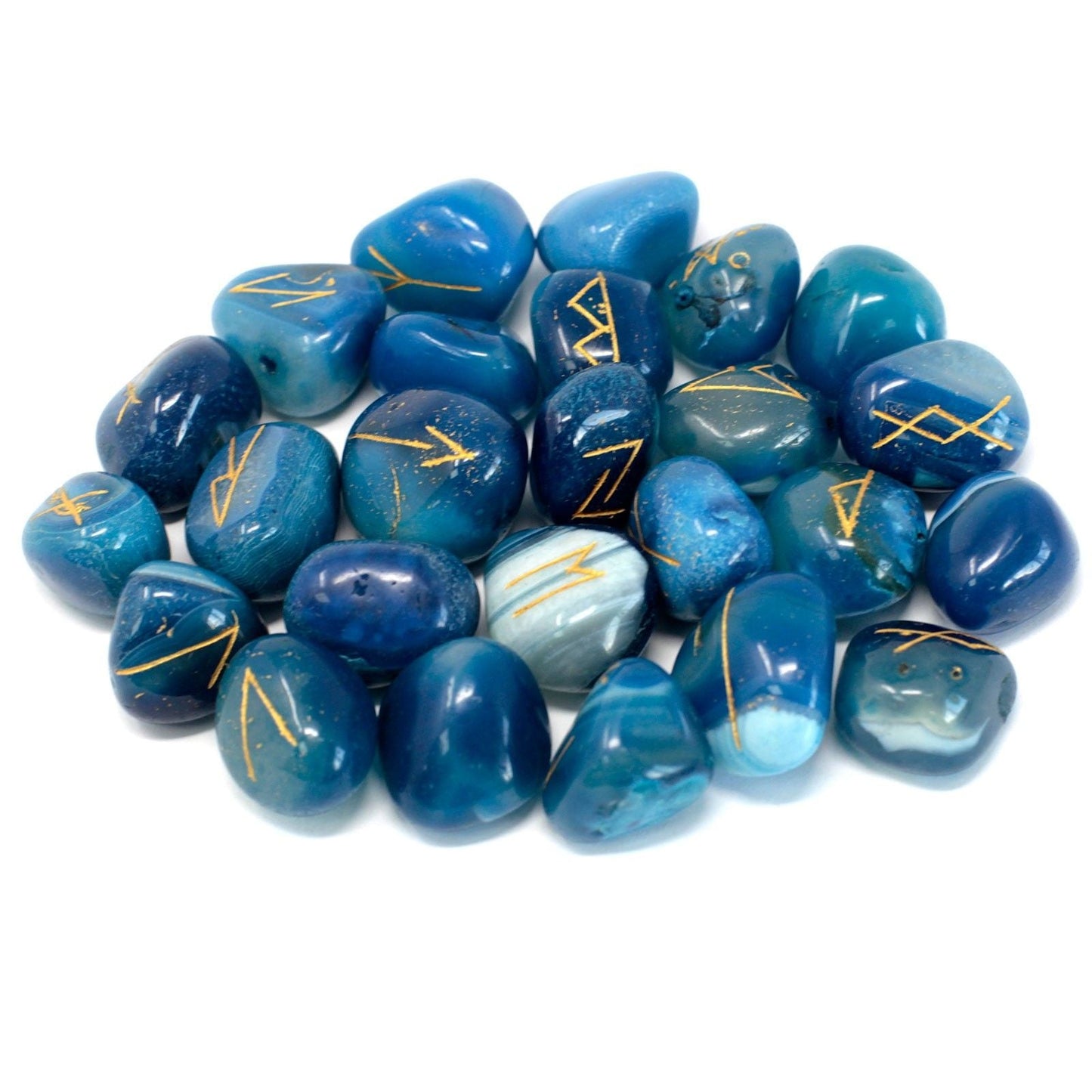 Polished Runes Stone Set in Pouch - Blue Onyx featuring natural patterning and unique variations - Positive Faith Hope Love