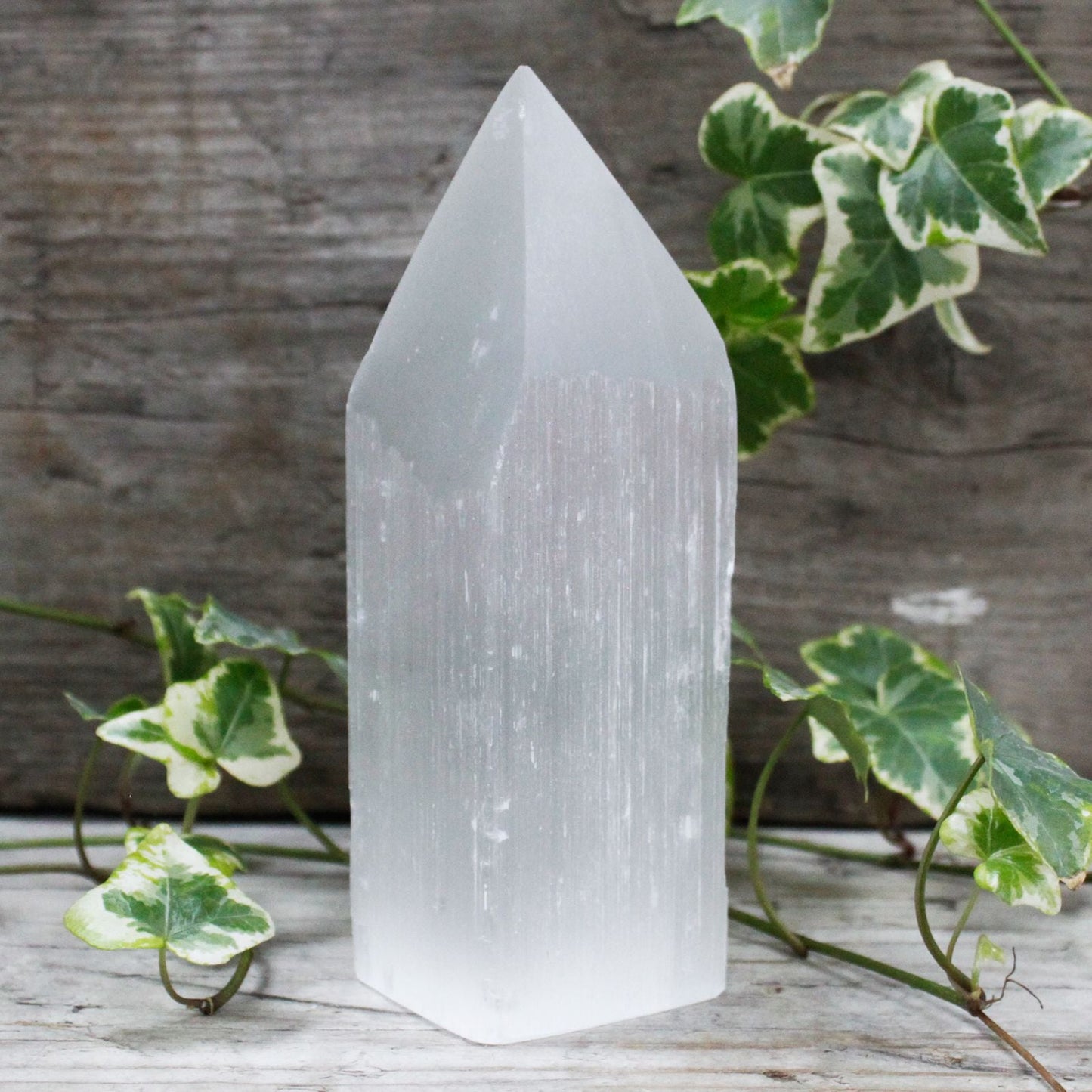 Polished Selenite Pencil Point Tower - 15 cm featuring satin white sheen and fibrous texture - Positive Faith Hope Love