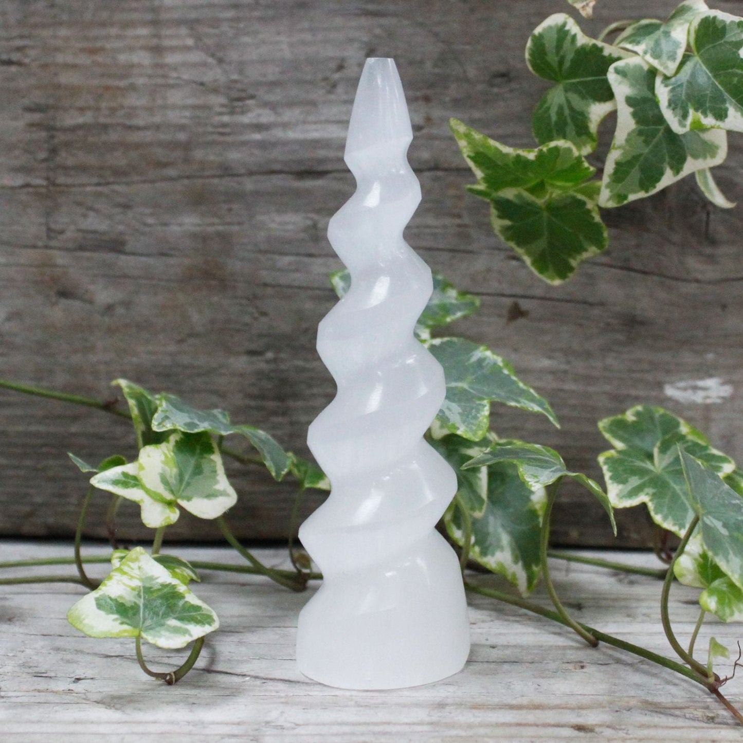 Polished Selenite Spiral Unicorn Horn Tower - 15 cm featuring satin white sheen and fibrous texture - Positive Faith Hope Love