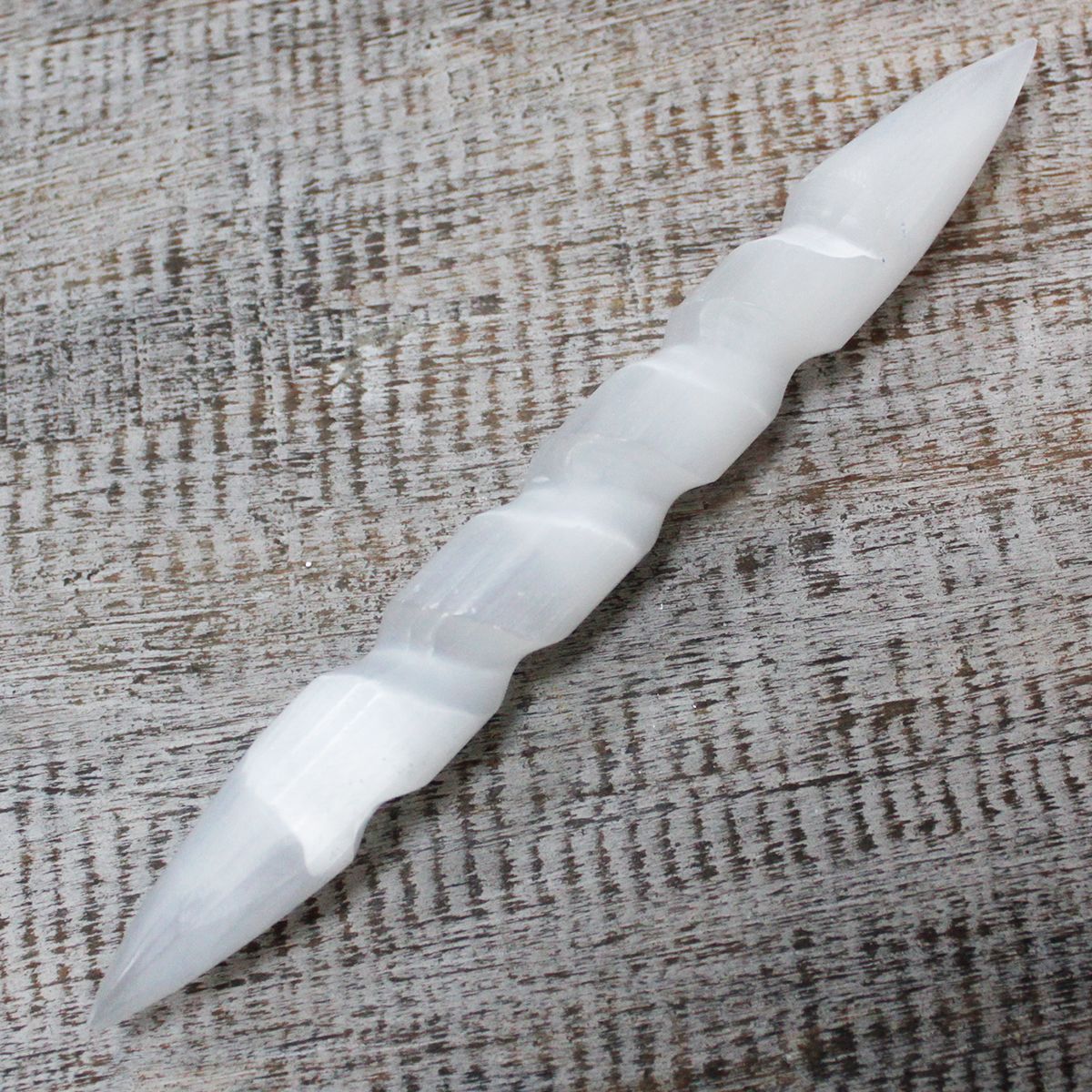 Polished Selenite Spiral Wands - 16 cm (Point Both Ends) featuring satin white sheen and fibrous texture - Positive Faith Hope Love