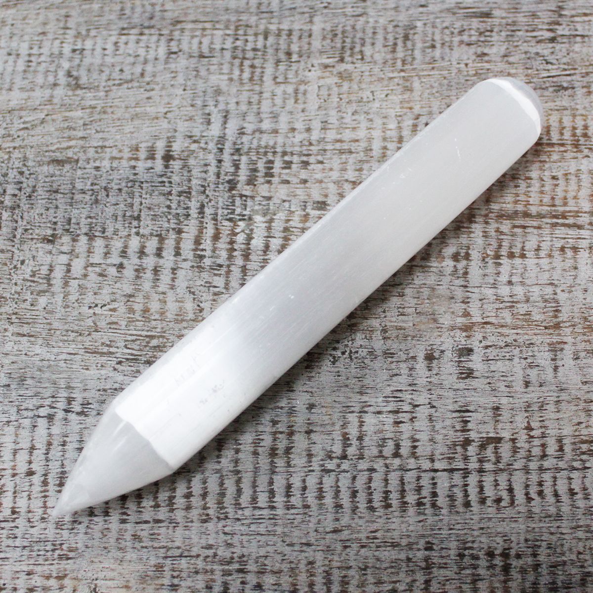 Polished Selenite Wand - 16 cm (Point one End) featuring satin white sheen and fibrous texture - Positive Faith Hope Love