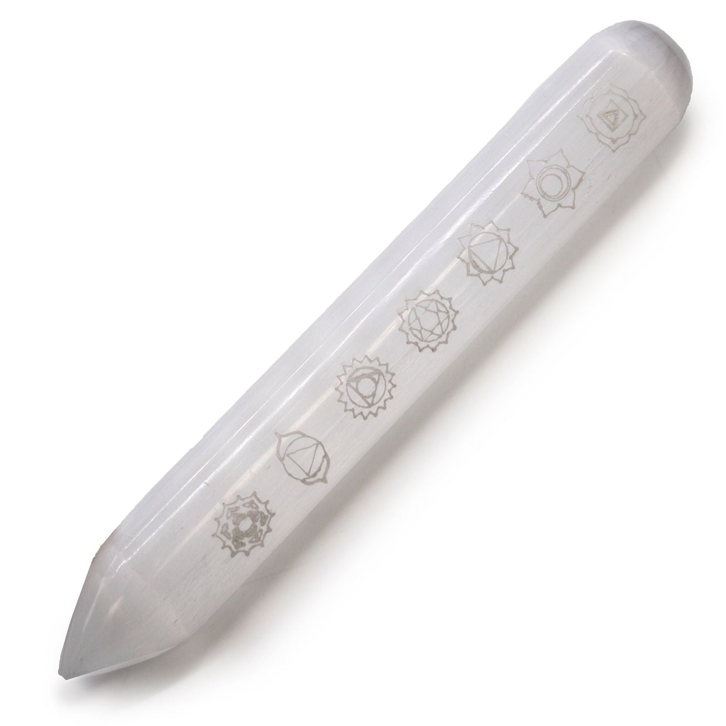 Polished Selenite Wand - 16 cm (Point one End) 7 Chakra featuring satin white sheen and fibrous texture - Positive Faith Hope Love