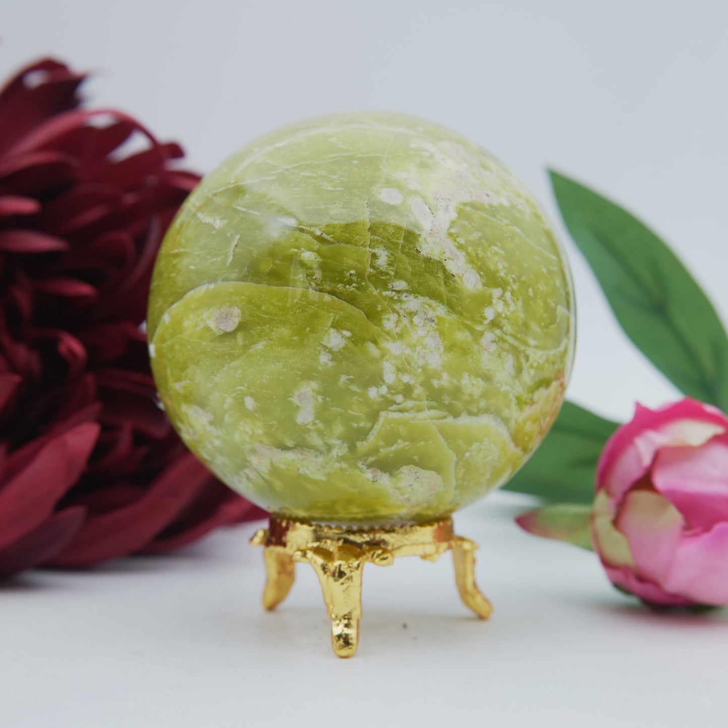Polished Serpentine Sphere 70mm 485g featuring mossy green tone with natural veining - Positive Faith Hope Love