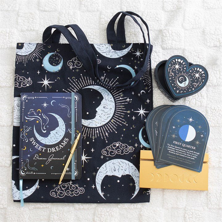 Polished Set Of 8 Moon Phase Cards With Wooden Stand featuring natural patterning and unique variations - Positive Faith Hope Love