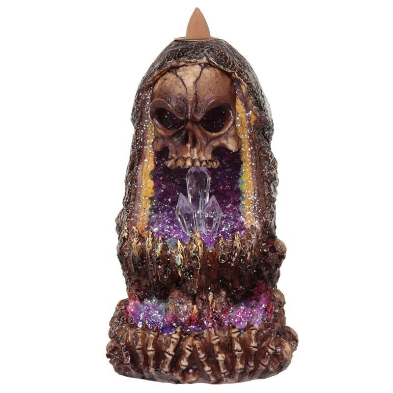 Polished Skull Crystal Cave LED Backflow Incense Burner featuring natural patterning and unique variations - Positive Faith Hope Love